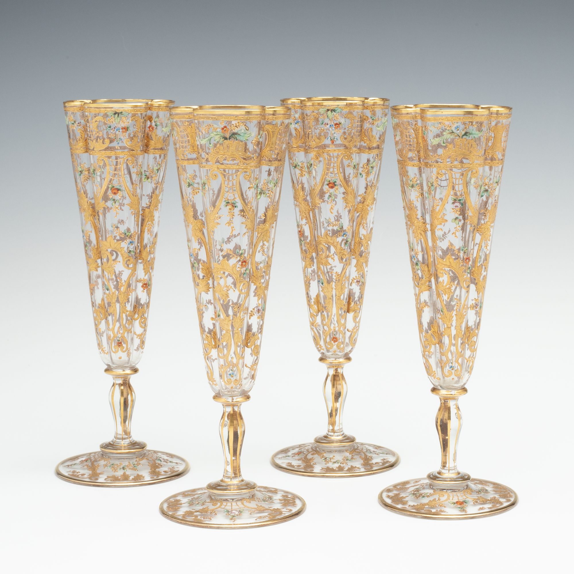 FINE AND THINLY BLOWN MOSER CRYSTAL FLUTES WITH ENAMEL