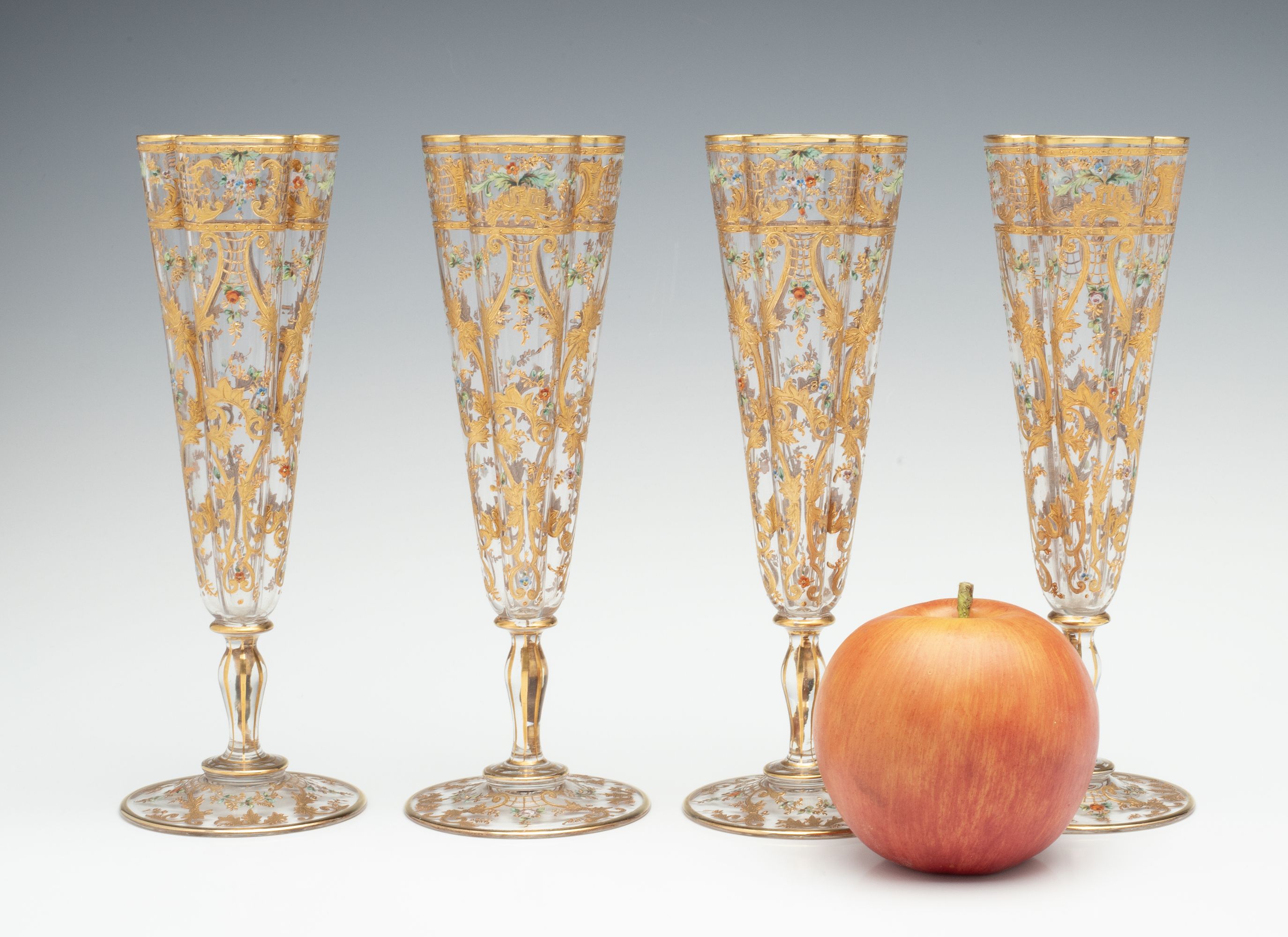 FINE AND THINLY BLOWN MOSER CRYSTAL FLUTES WITH ENAMEL