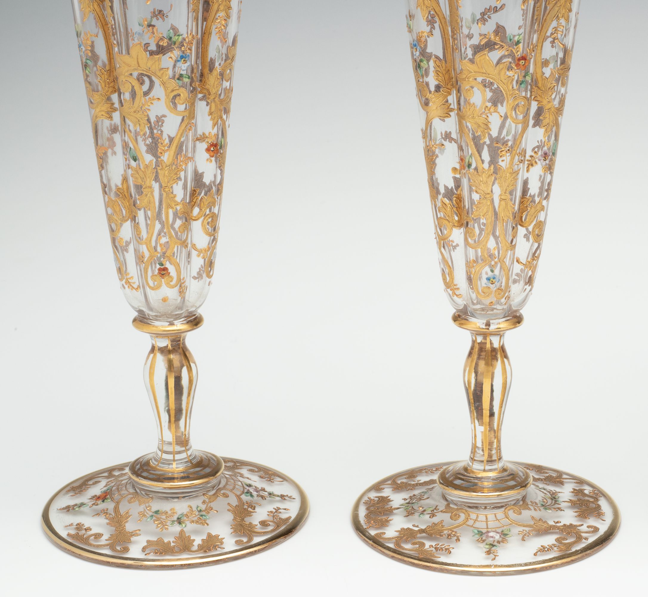 FINE AND THINLY BLOWN MOSER CRYSTAL FLUTES WITH ENAMEL