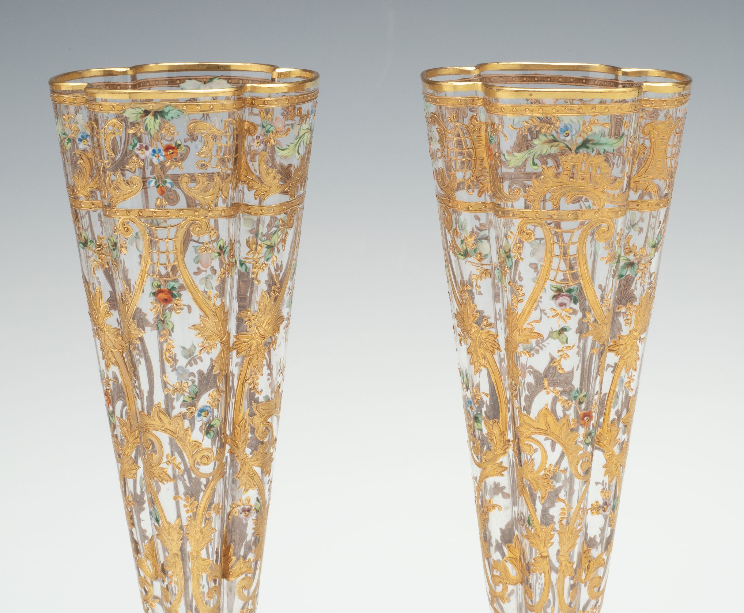 FINE AND THINLY BLOWN MOSER CRYSTAL FLUTES WITH ENAMEL