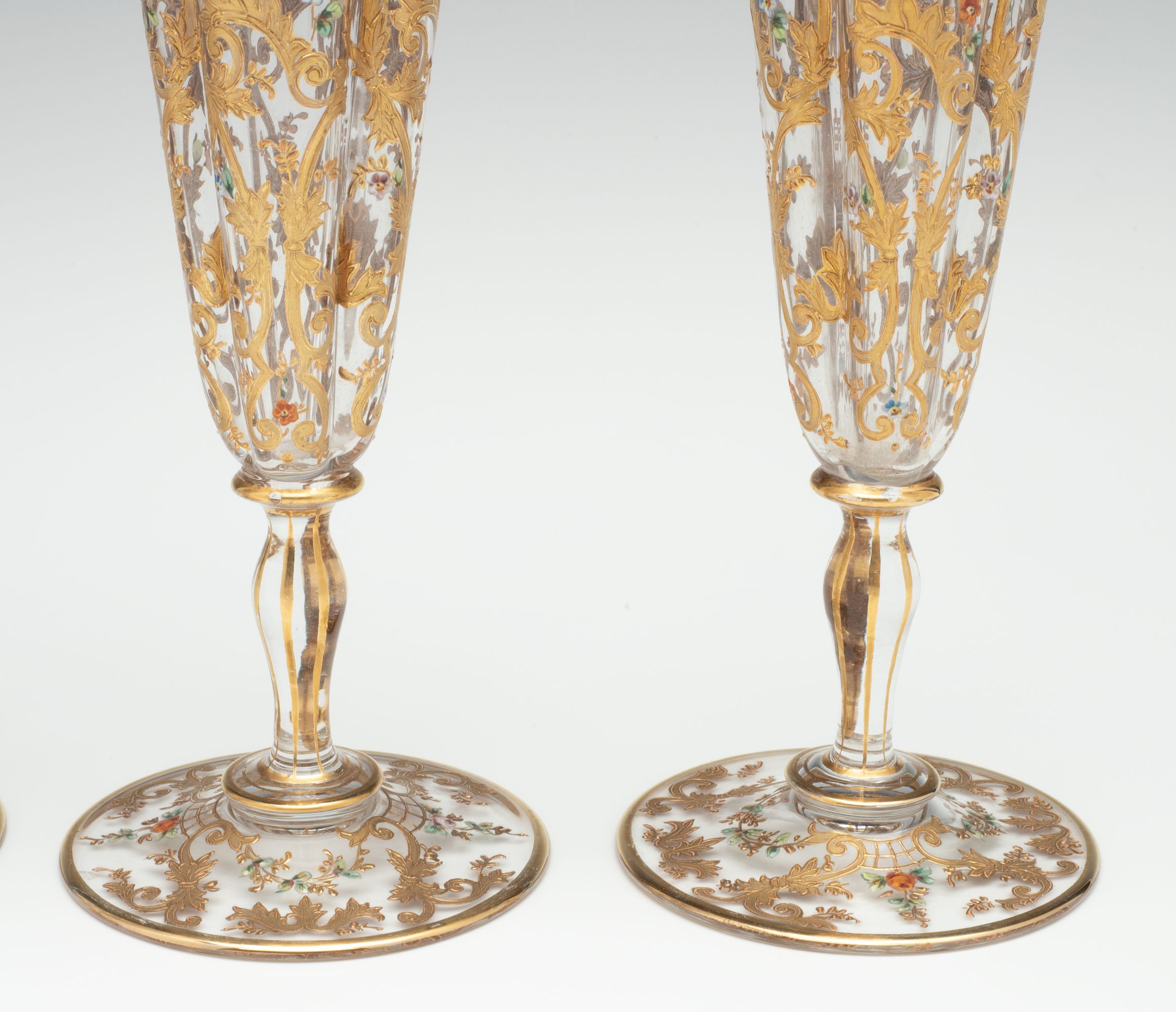 FINE AND THINLY BLOWN MOSER CRYSTAL FLUTES WITH ENAMEL