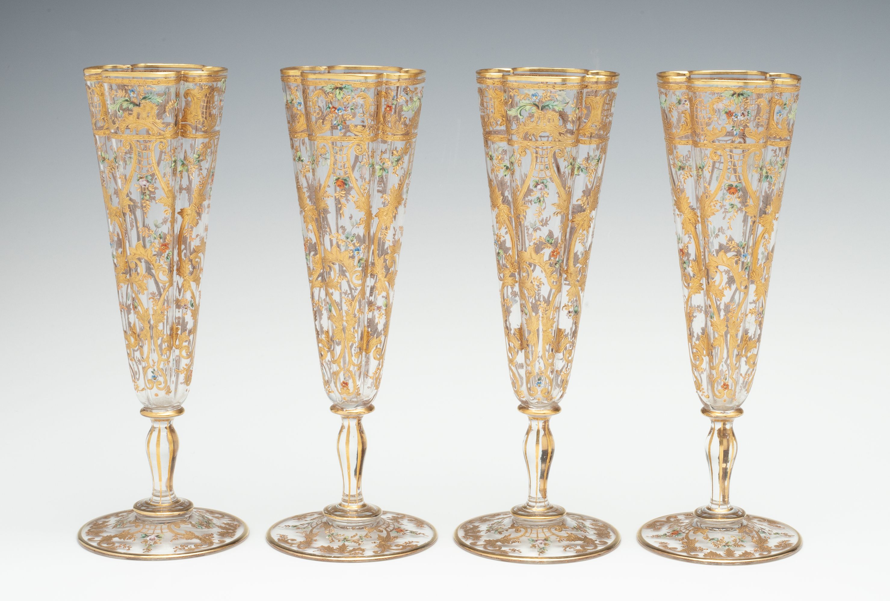 FINE AND THINLY BLOWN MOSER CRYSTAL FLUTES WITH ENAMEL