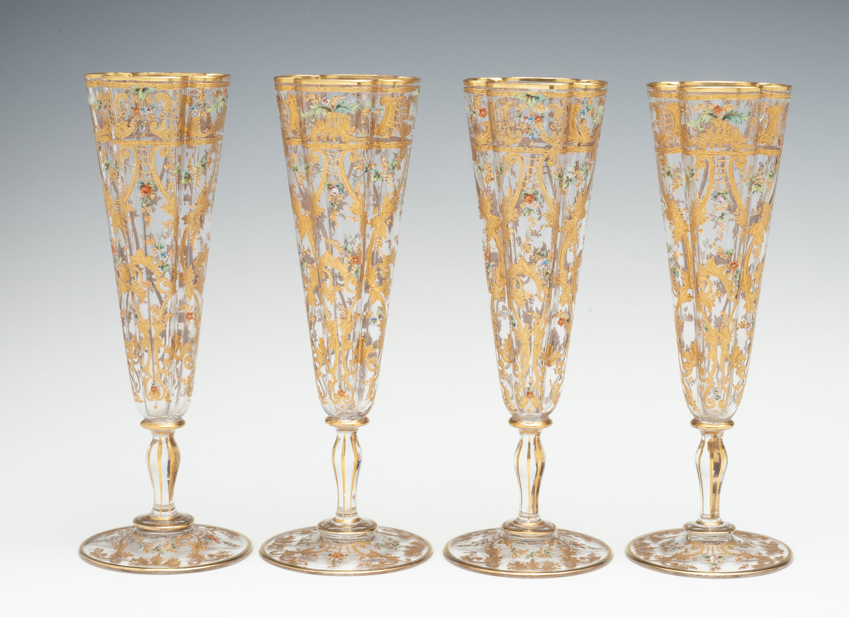 FINE AND THINLY BLOWN MOSER CRYSTAL FLUTES WITH ENAMEL