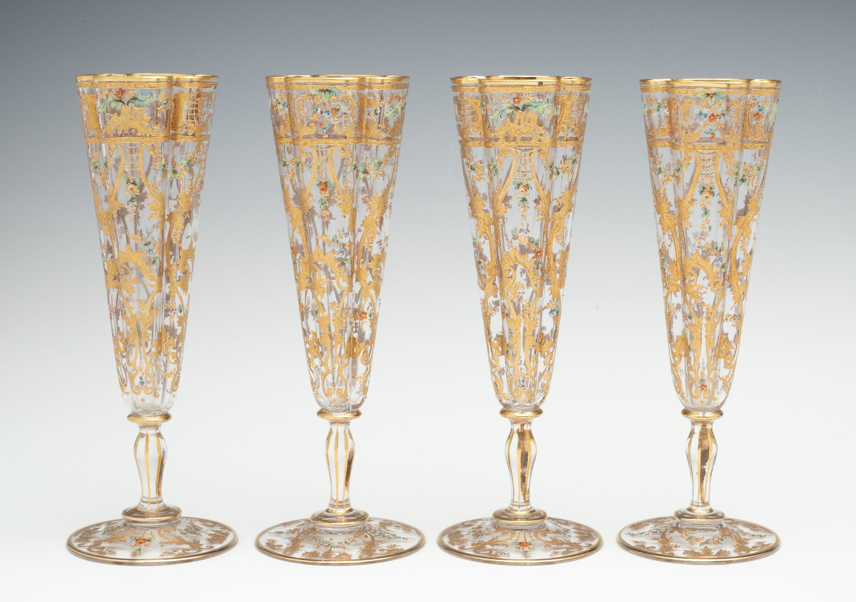 FINE AND THINLY BLOWN MOSER CRYSTAL FLUTES WITH ENAMEL