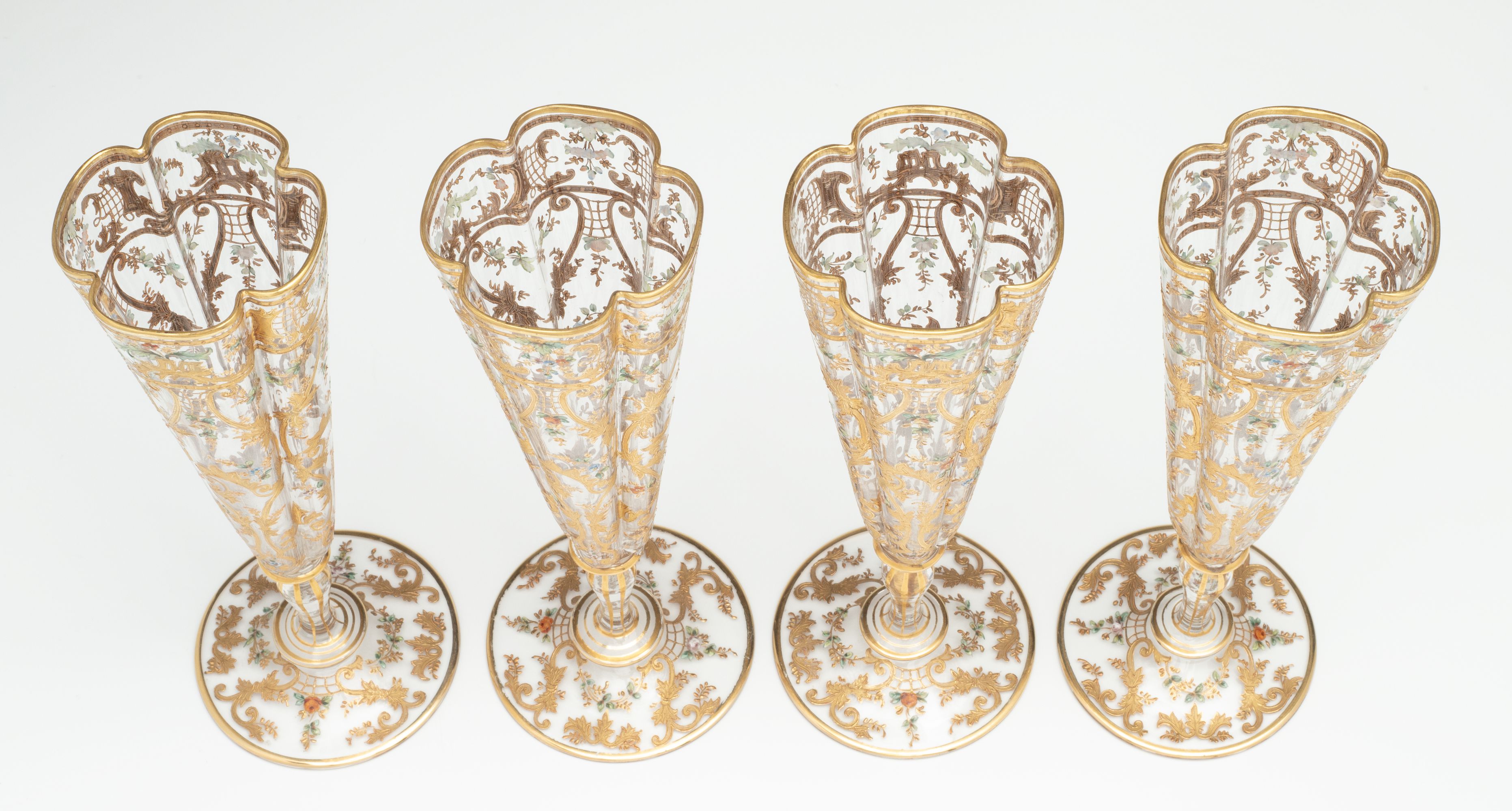 FINE AND THINLY BLOWN MOSER CRYSTAL FLUTES WITH ENAMEL