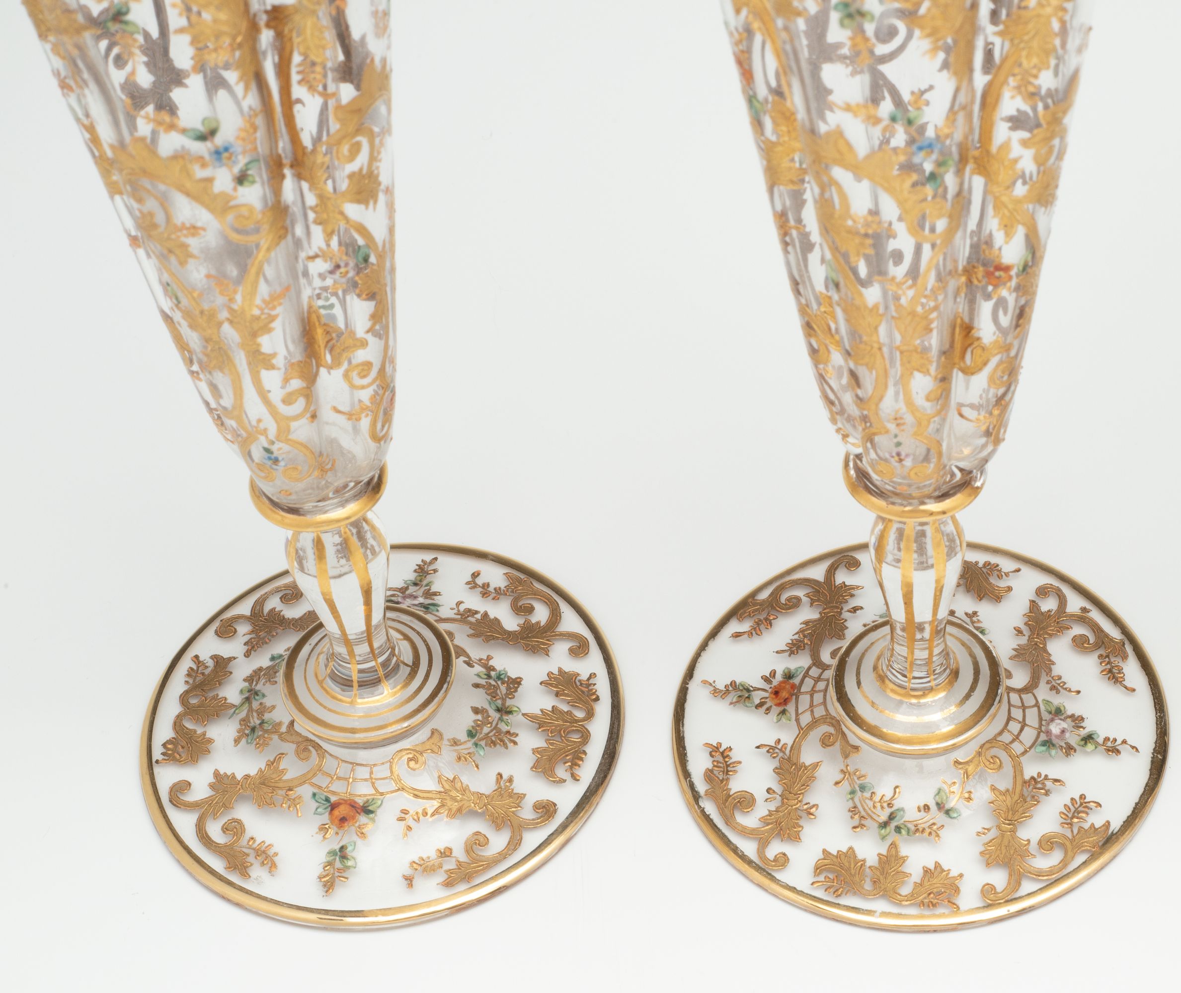 FINE AND THINLY BLOWN MOSER CRYSTAL FLUTES WITH ENAMEL