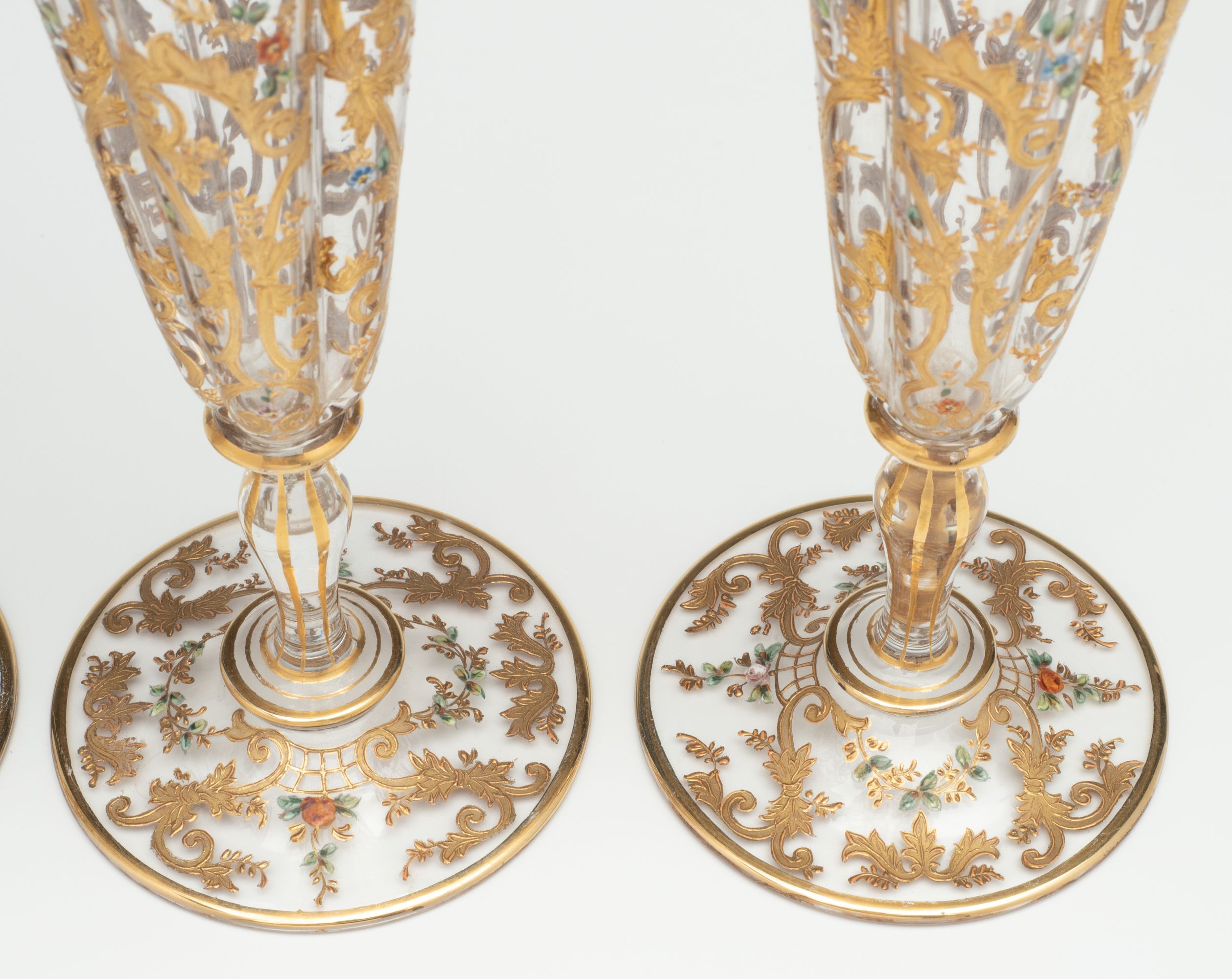 FINE AND THINLY BLOWN MOSER CRYSTAL FLUTES WITH ENAMEL