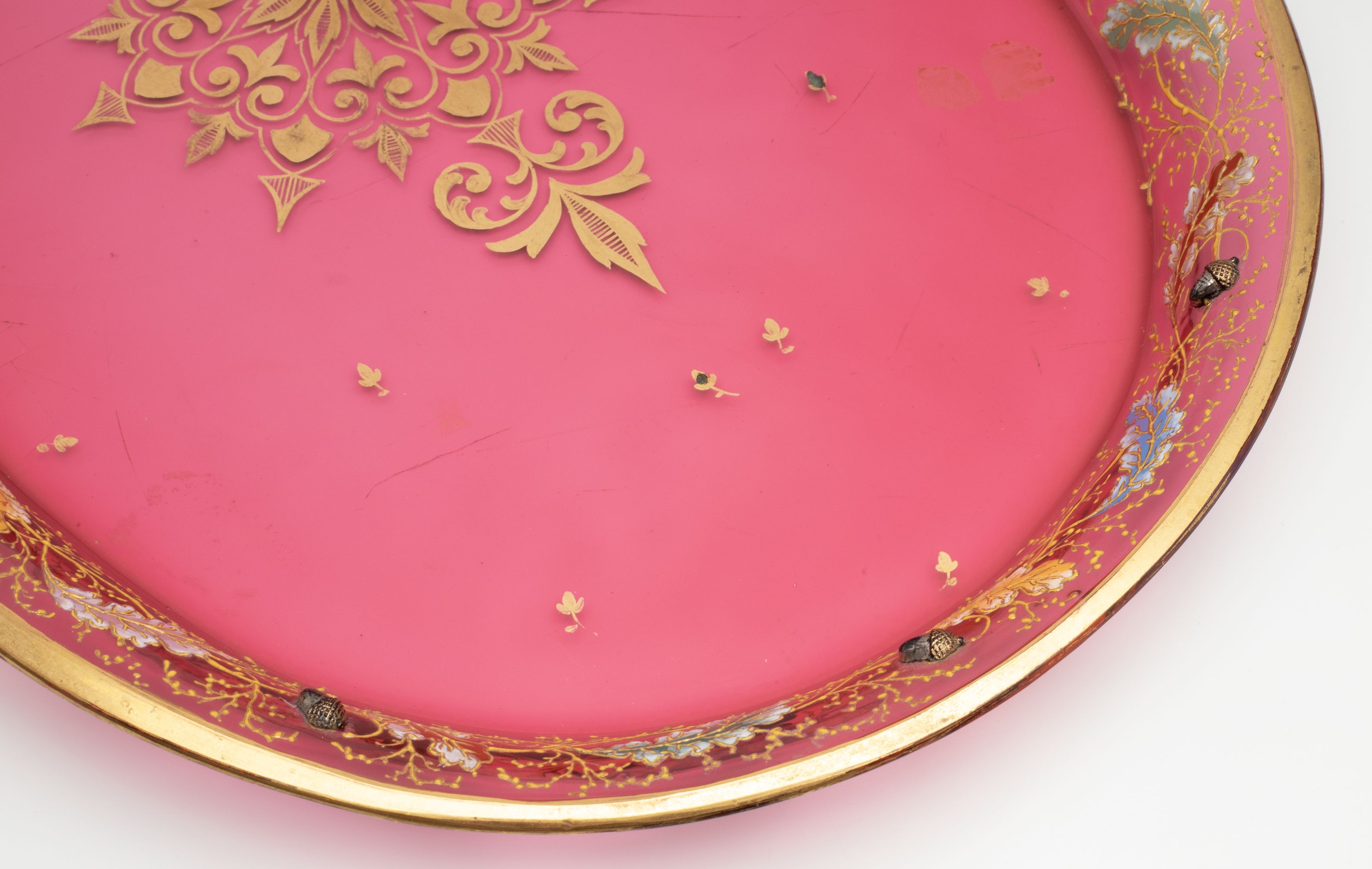 A MOSER CRANBERRY TRAY WITH OAK BOUGHS AND ACORNS