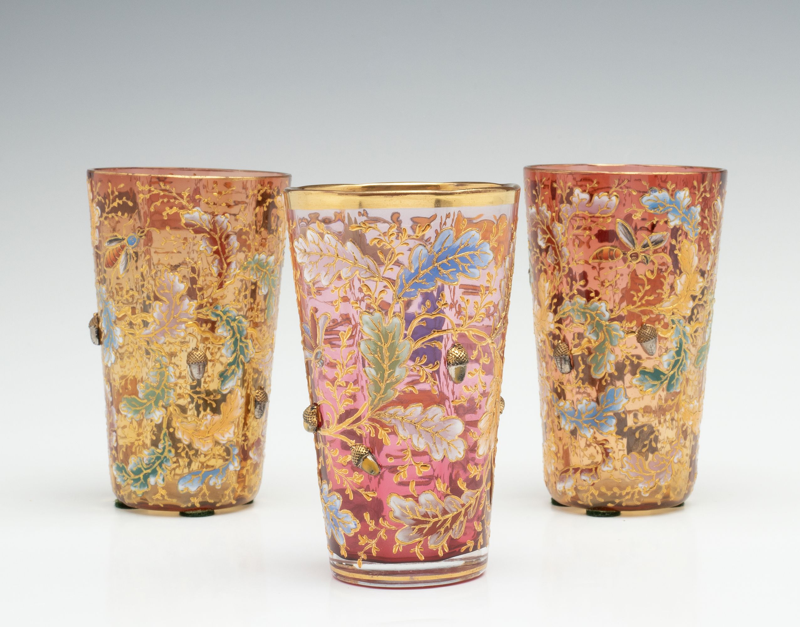 MOSER ART GLASS TUMBLERS W/ OAK BOUGHS, INSECTS, ACORNS