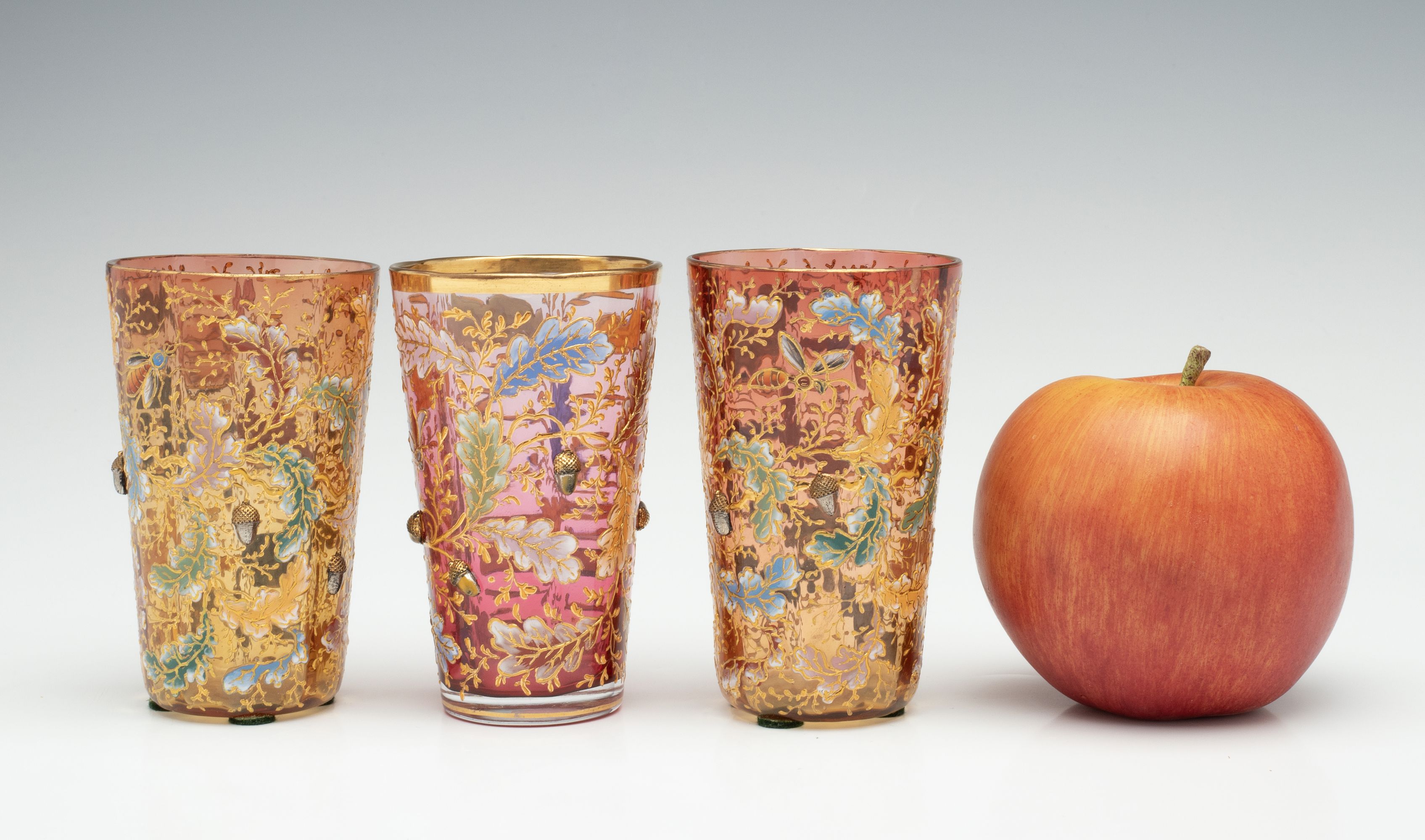 MOSER ART GLASS TUMBLERS W/ OAK BOUGHS, INSECTS, ACORNS