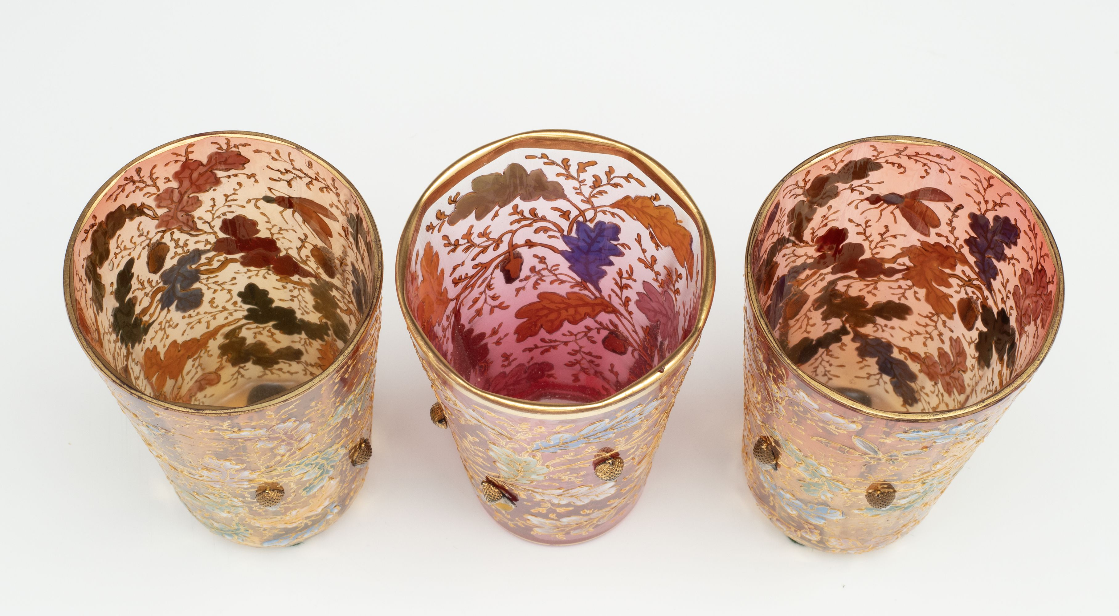 MOSER ART GLASS TUMBLERS W/ OAK BOUGHS, INSECTS, ACORNS