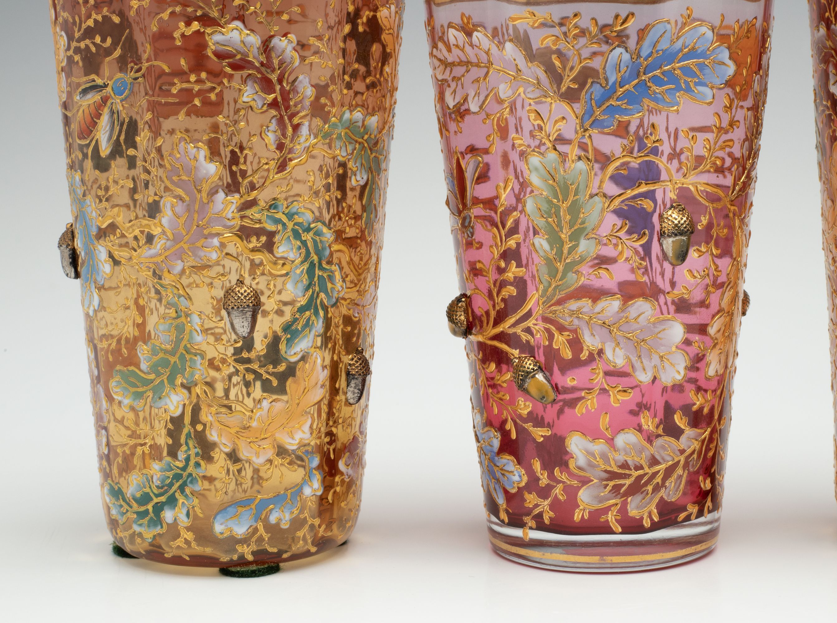 MOSER ART GLASS TUMBLERS W/ OAK BOUGHS, INSECTS, ACORNS