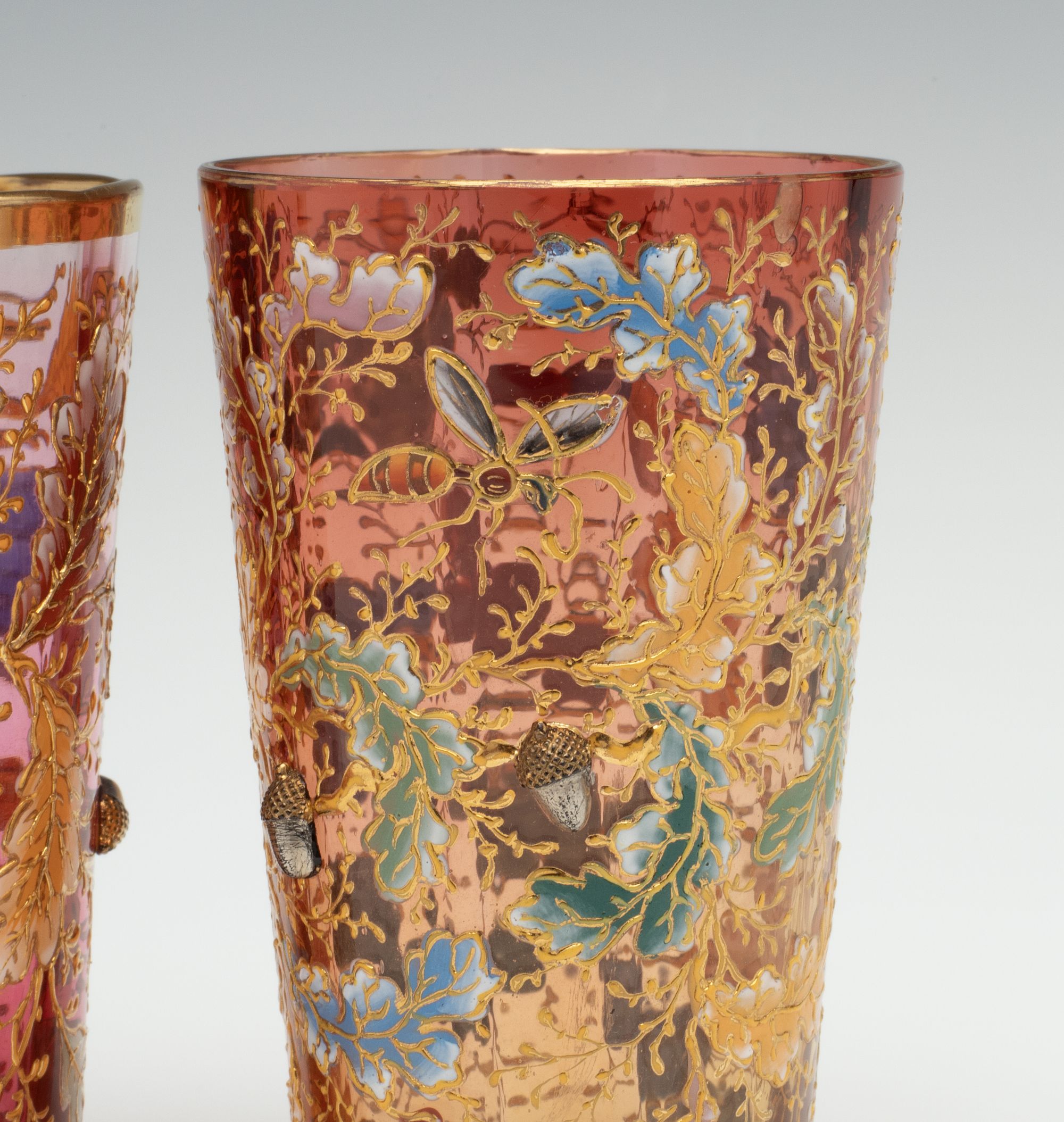 MOSER ART GLASS TUMBLERS W/ OAK BOUGHS, INSECTS, ACORNS