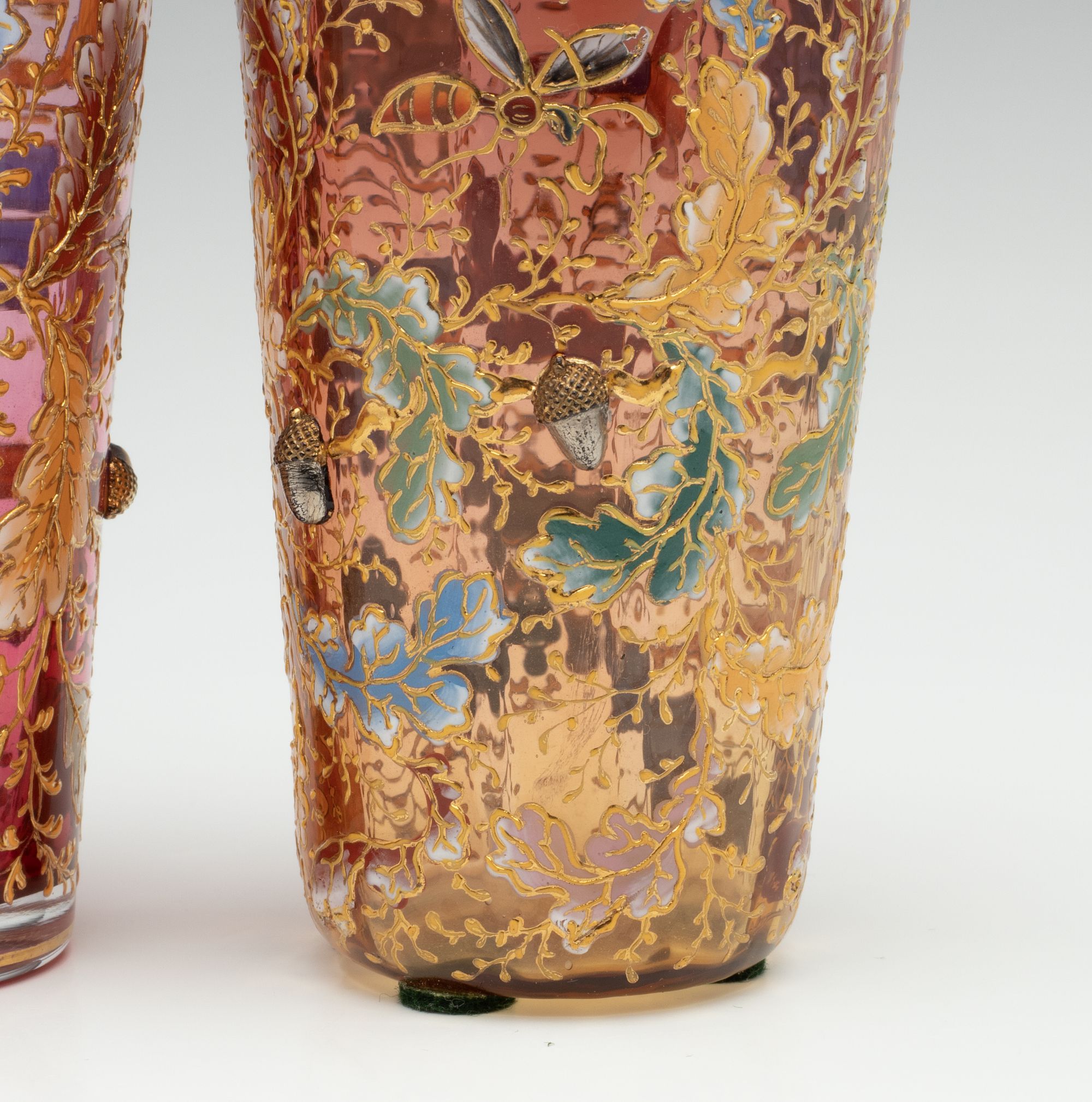 MOSER ART GLASS TUMBLERS W/ OAK BOUGHS, INSECTS, ACORNS