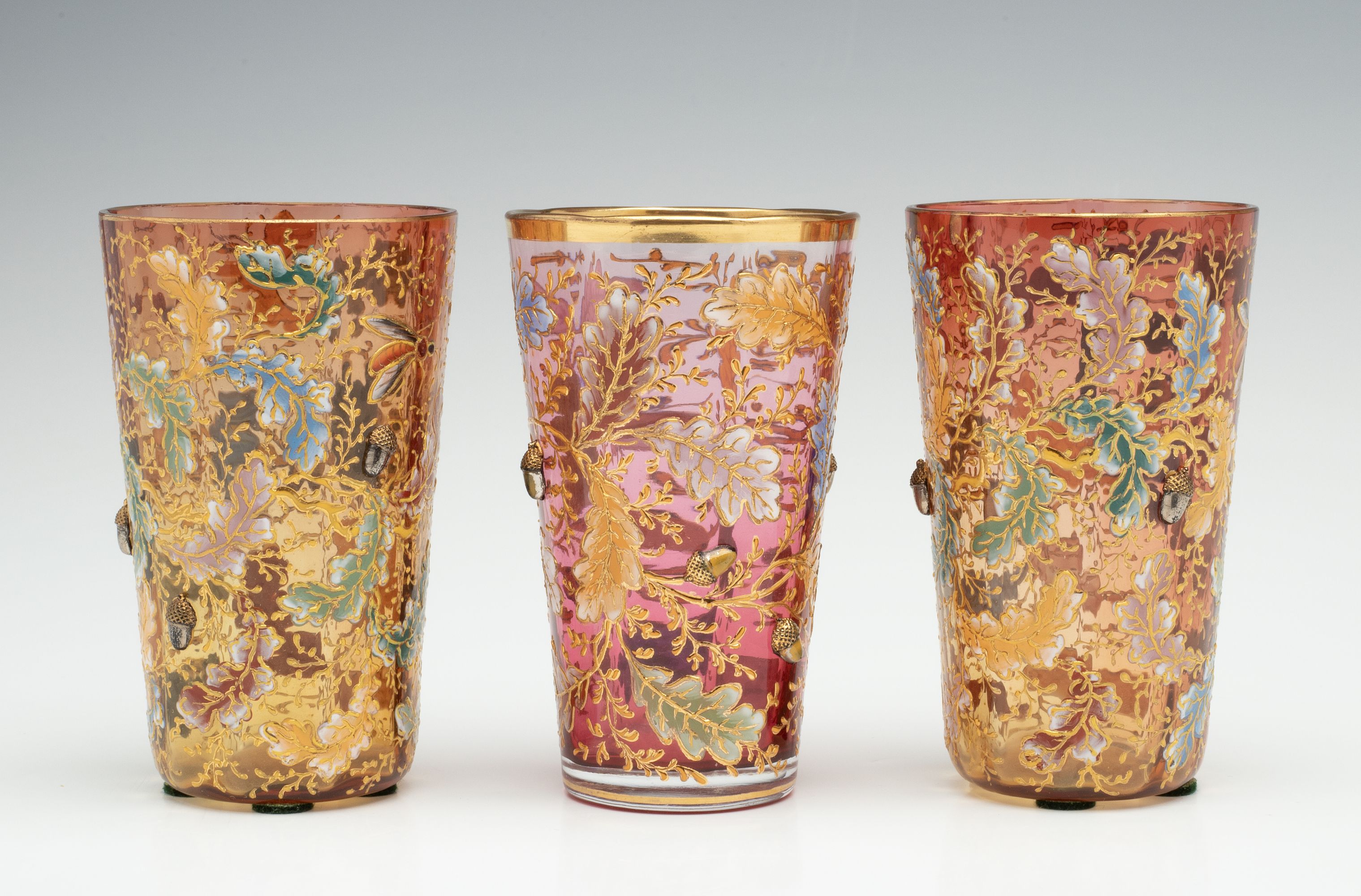 MOSER ART GLASS TUMBLERS W/ OAK BOUGHS, INSECTS, ACORNS