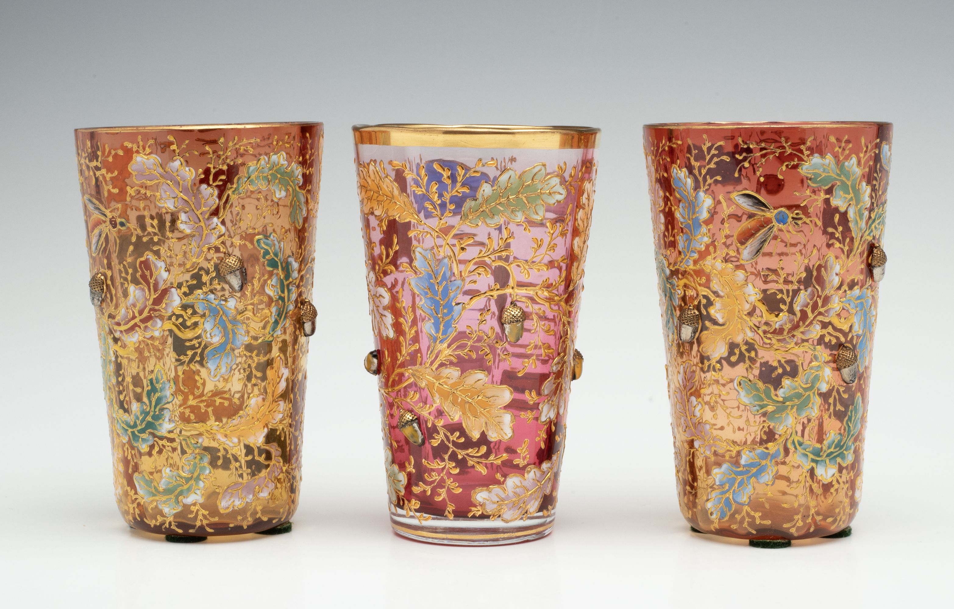 MOSER ART GLASS TUMBLERS W/ OAK BOUGHS, INSECTS, ACORNS