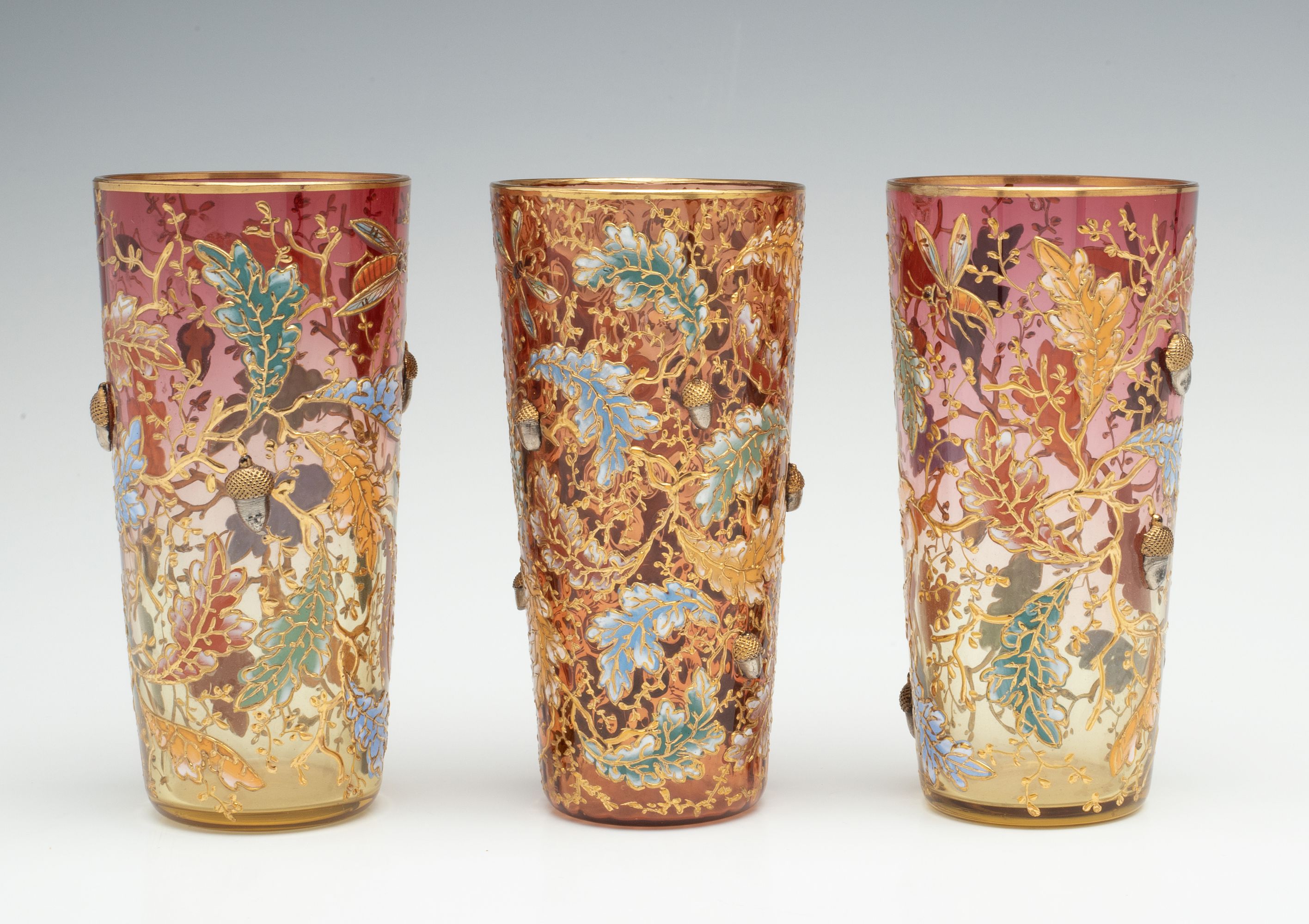 MOSER ART GLASS BEAKERS W/ OAK BOUGHS, INSECTS, ACORNS