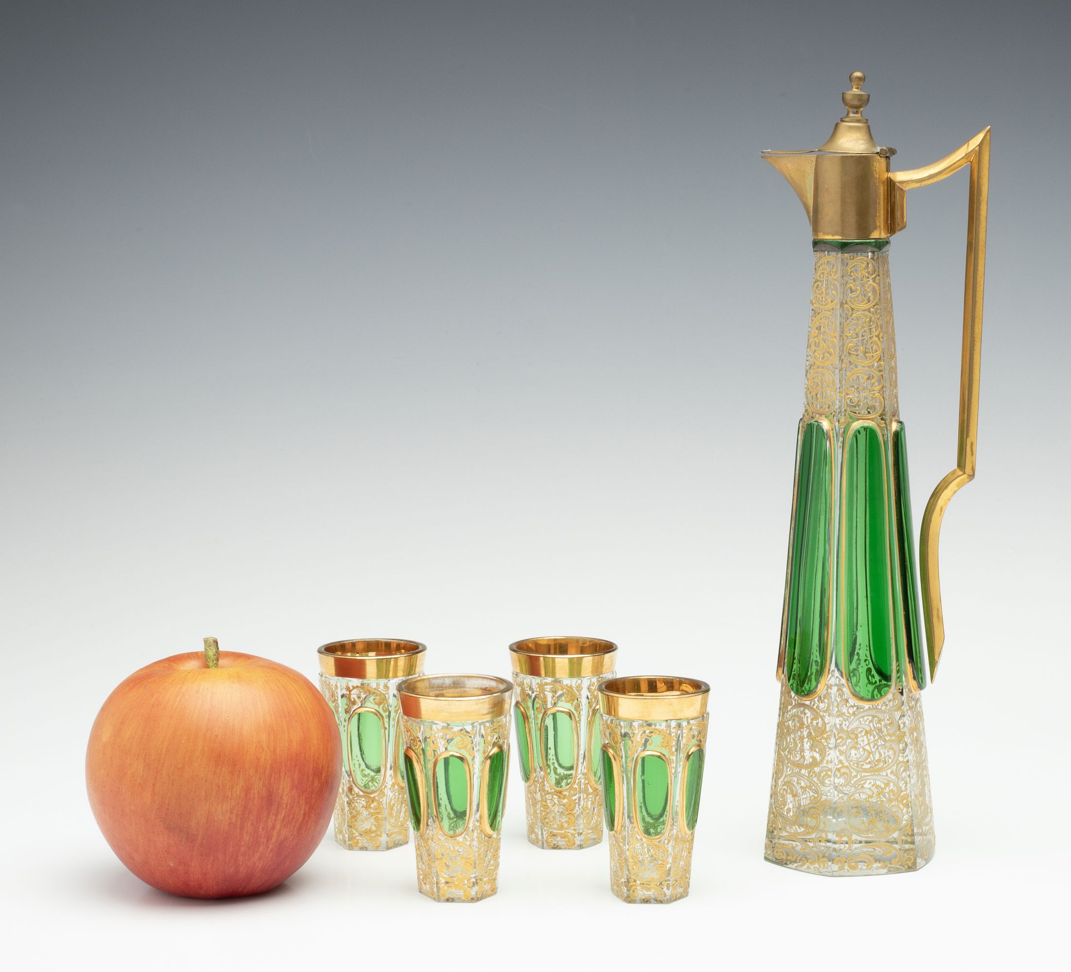 A BOHEMIAN ART GLASS DECANTER & CORDIALS WITH CABOCHONS