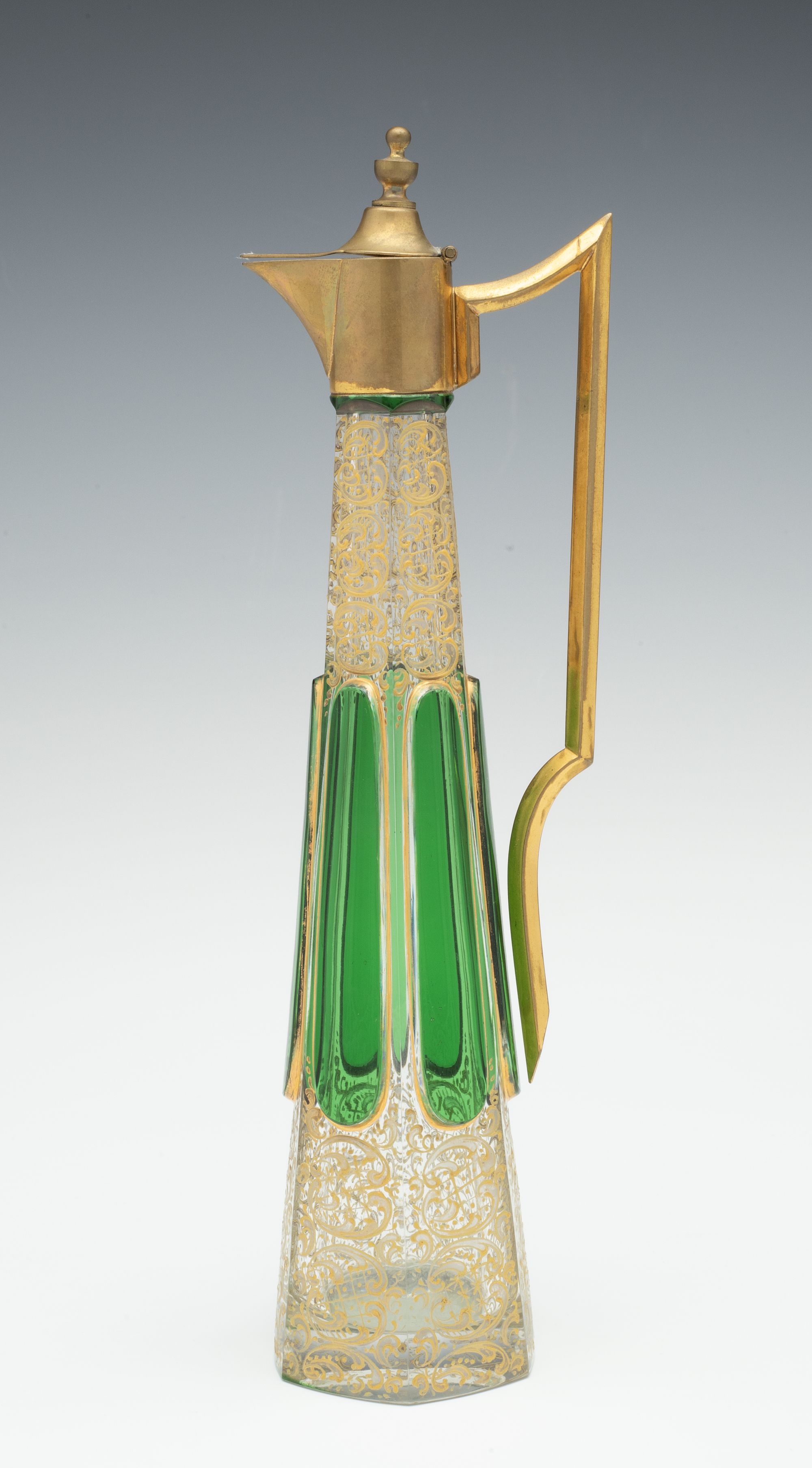 A BOHEMIAN ART GLASS DECANTER & CORDIALS WITH CABOCHONS