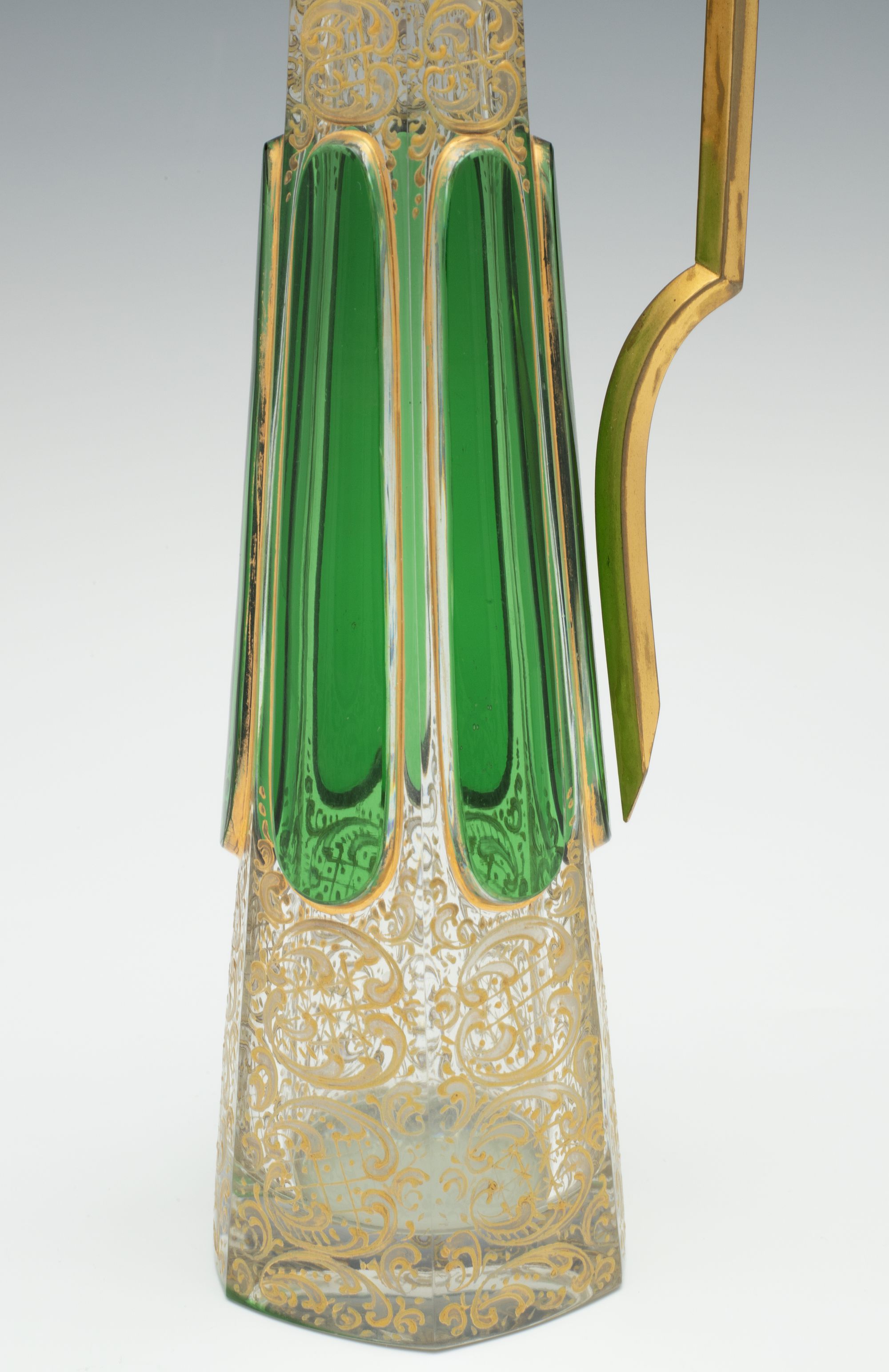 A BOHEMIAN ART GLASS DECANTER & CORDIALS WITH CABOCHONS