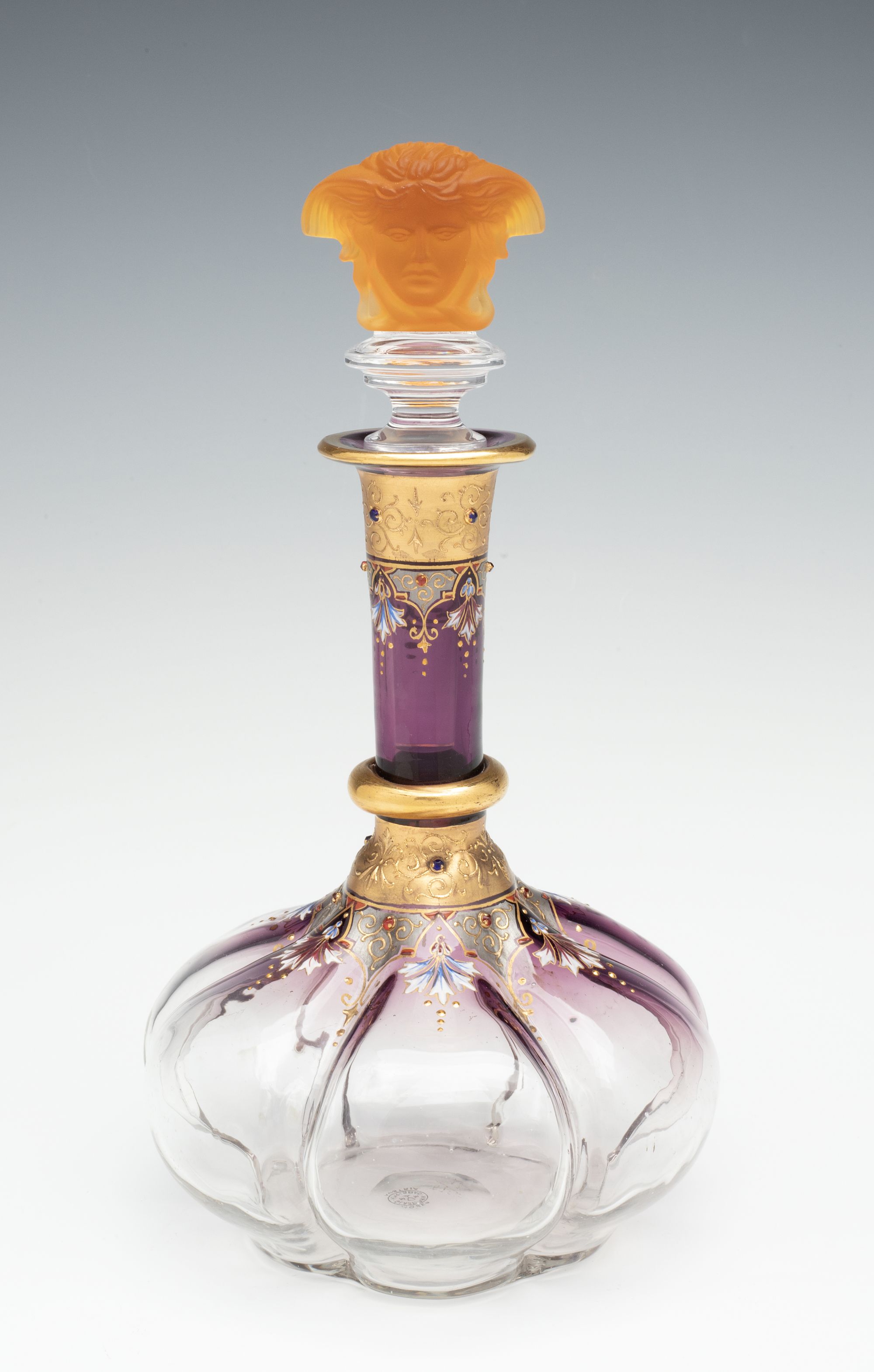 A JEWELED BOHEMIAN GLASS DECANTER AND FOUR STEMS