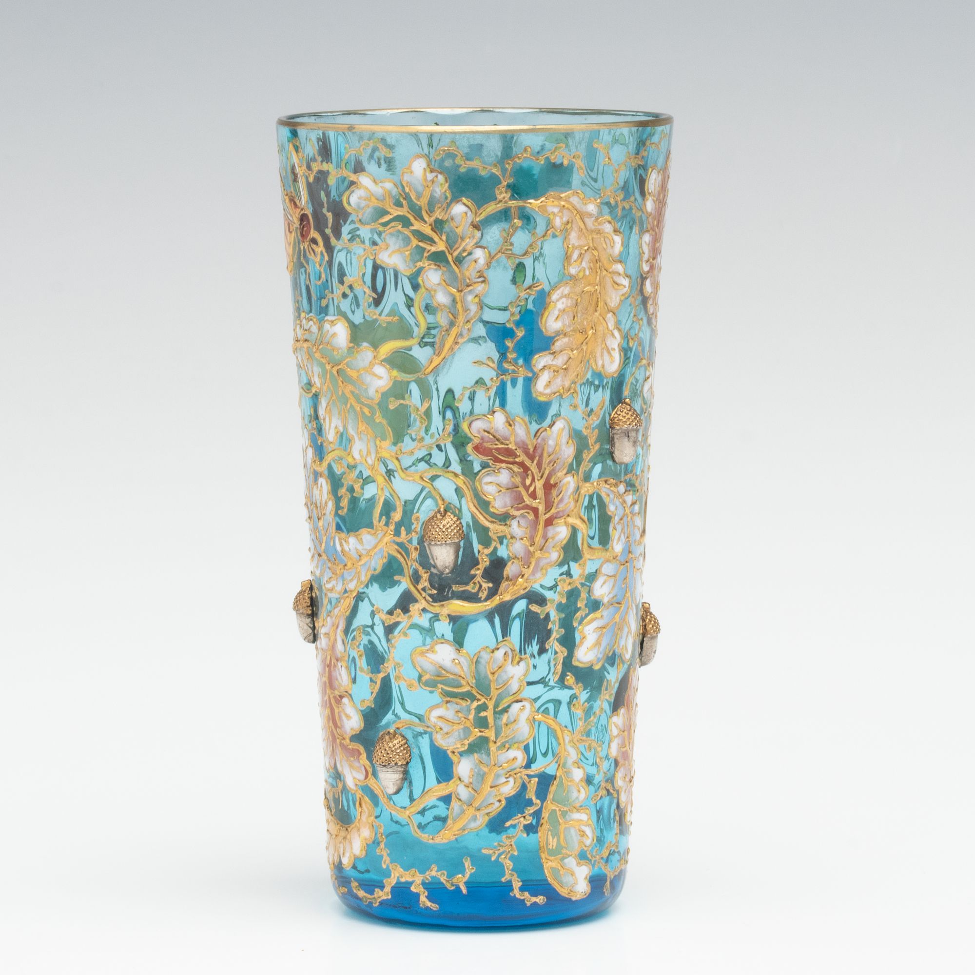 A MOSER GILT AND ENAMEL BLUE CRYSTAL TUMBLER W/ ACORNS