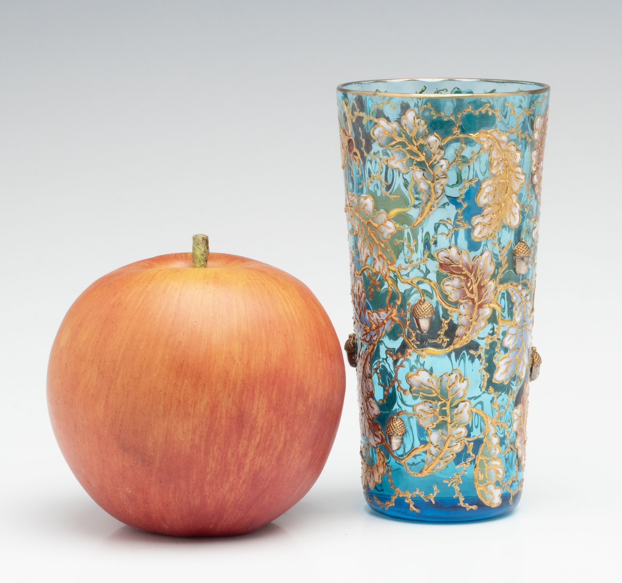 A MOSER GILT AND ENAMEL BLUE CRYSTAL TUMBLER W/ ACORNS