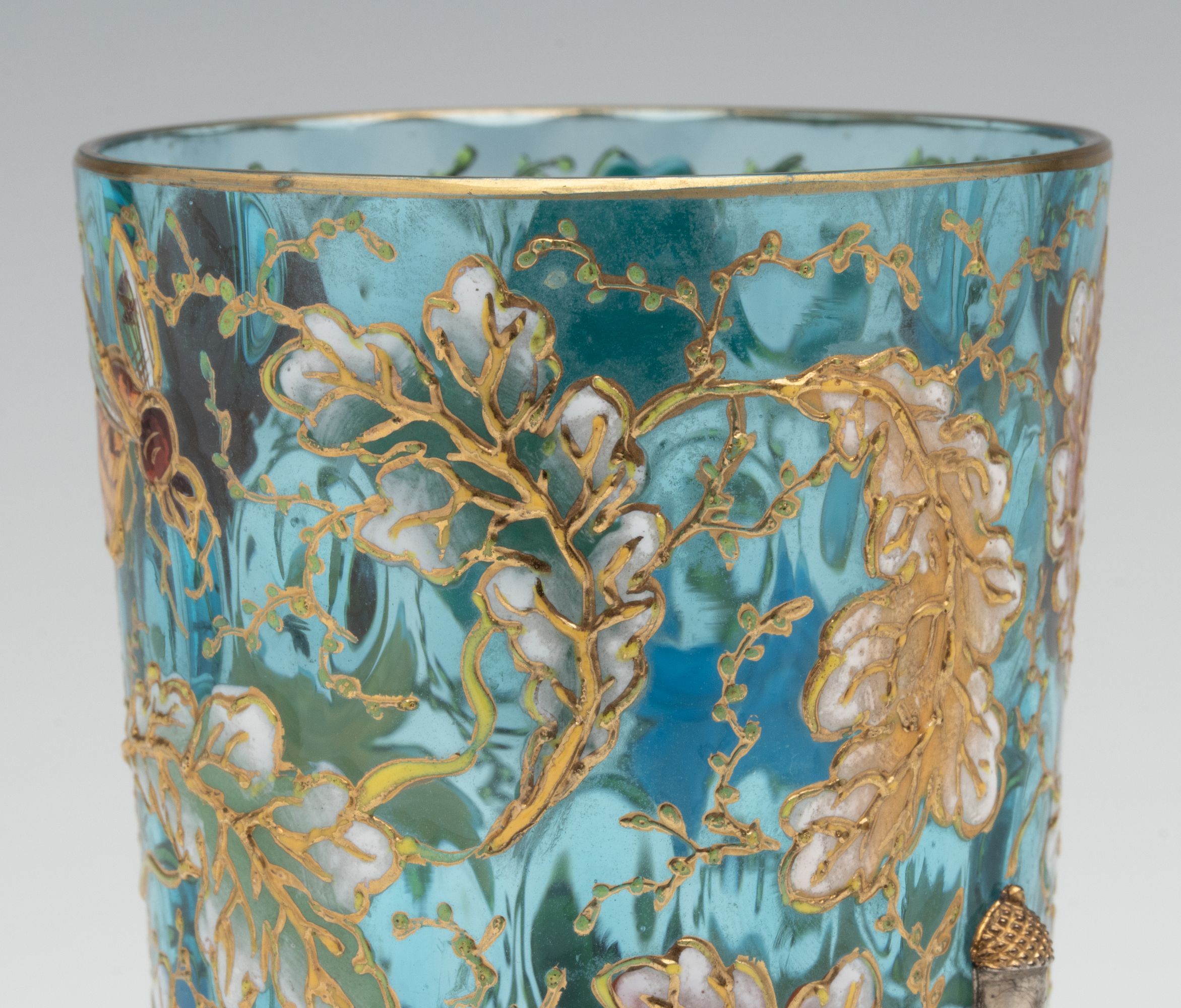 A MOSER GILT AND ENAMEL BLUE CRYSTAL TUMBLER W/ ACORNS