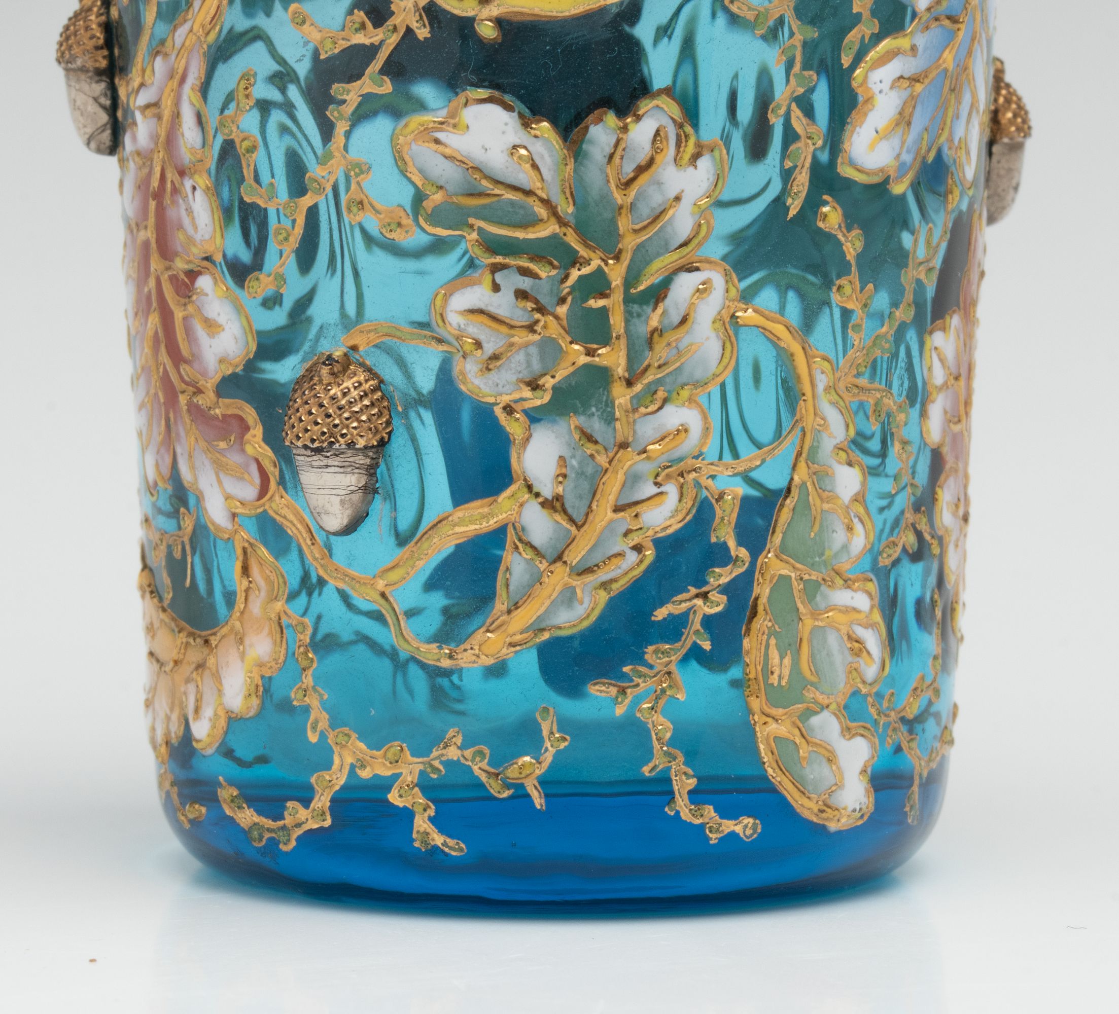 A MOSER GILT AND ENAMEL BLUE CRYSTAL TUMBLER W/ ACORNS