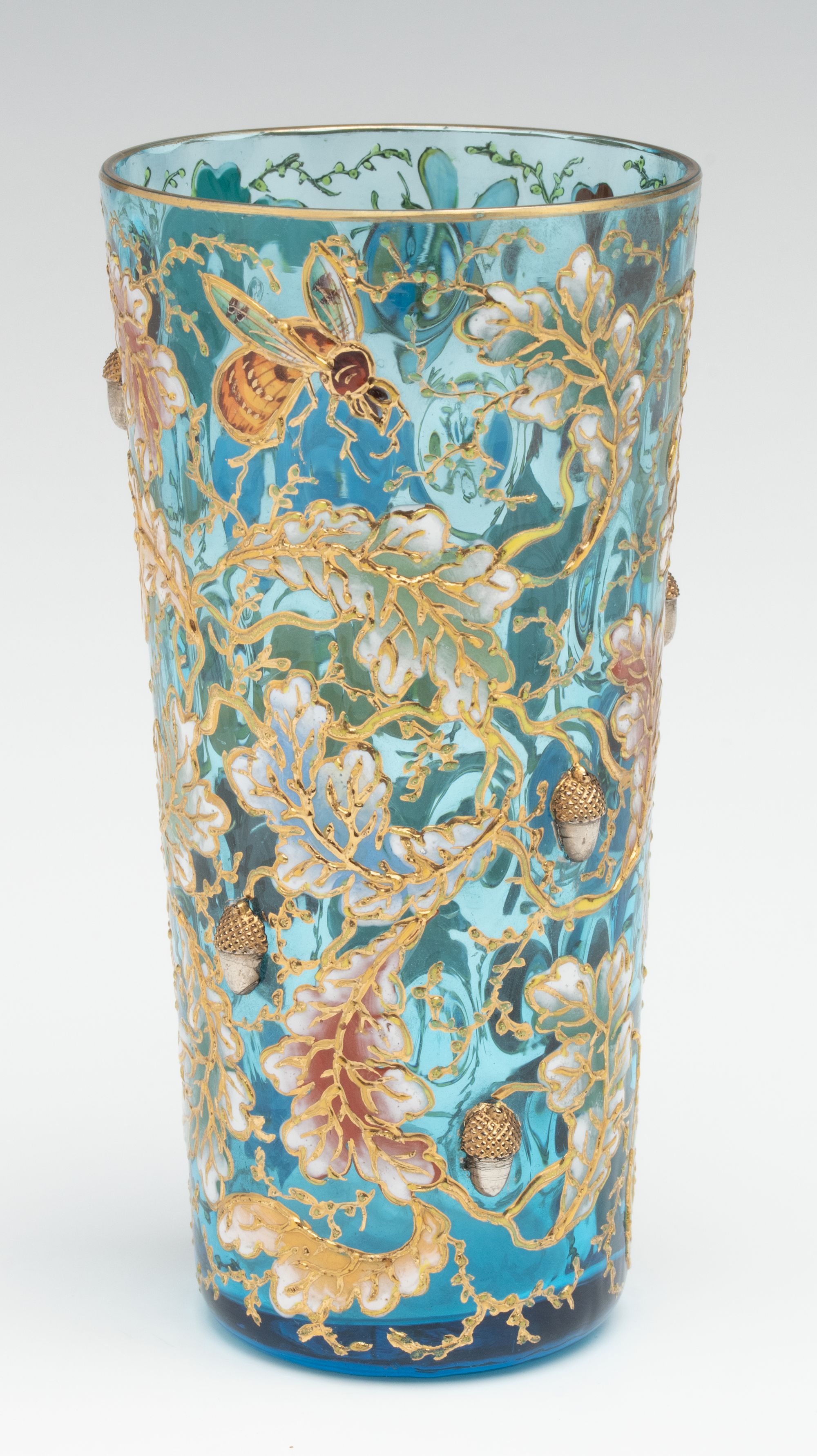 A MOSER GILT AND ENAMEL BLUE CRYSTAL TUMBLER W/ ACORNS