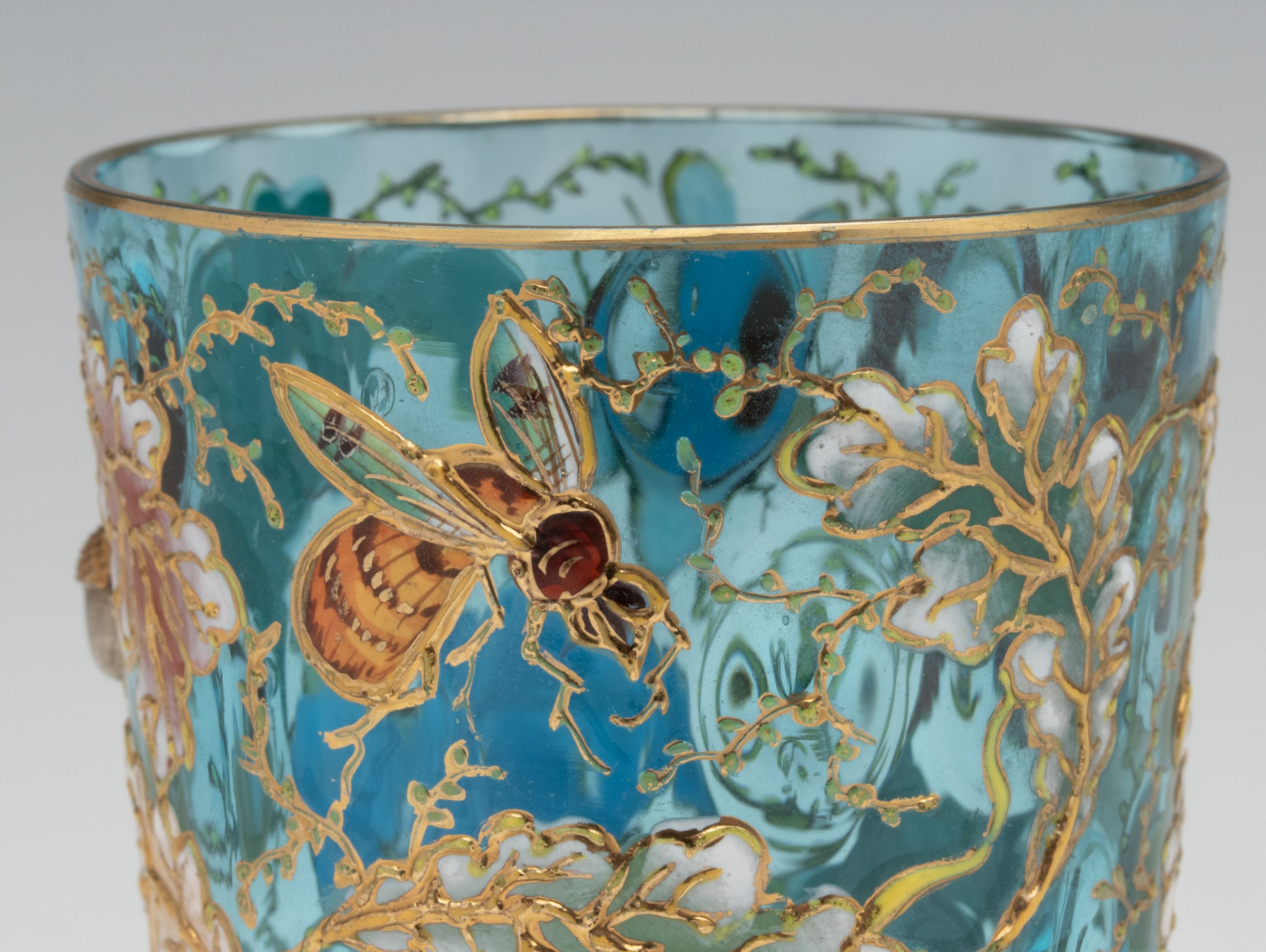 A MOSER GILT AND ENAMEL BLUE CRYSTAL TUMBLER W/ ACORNS