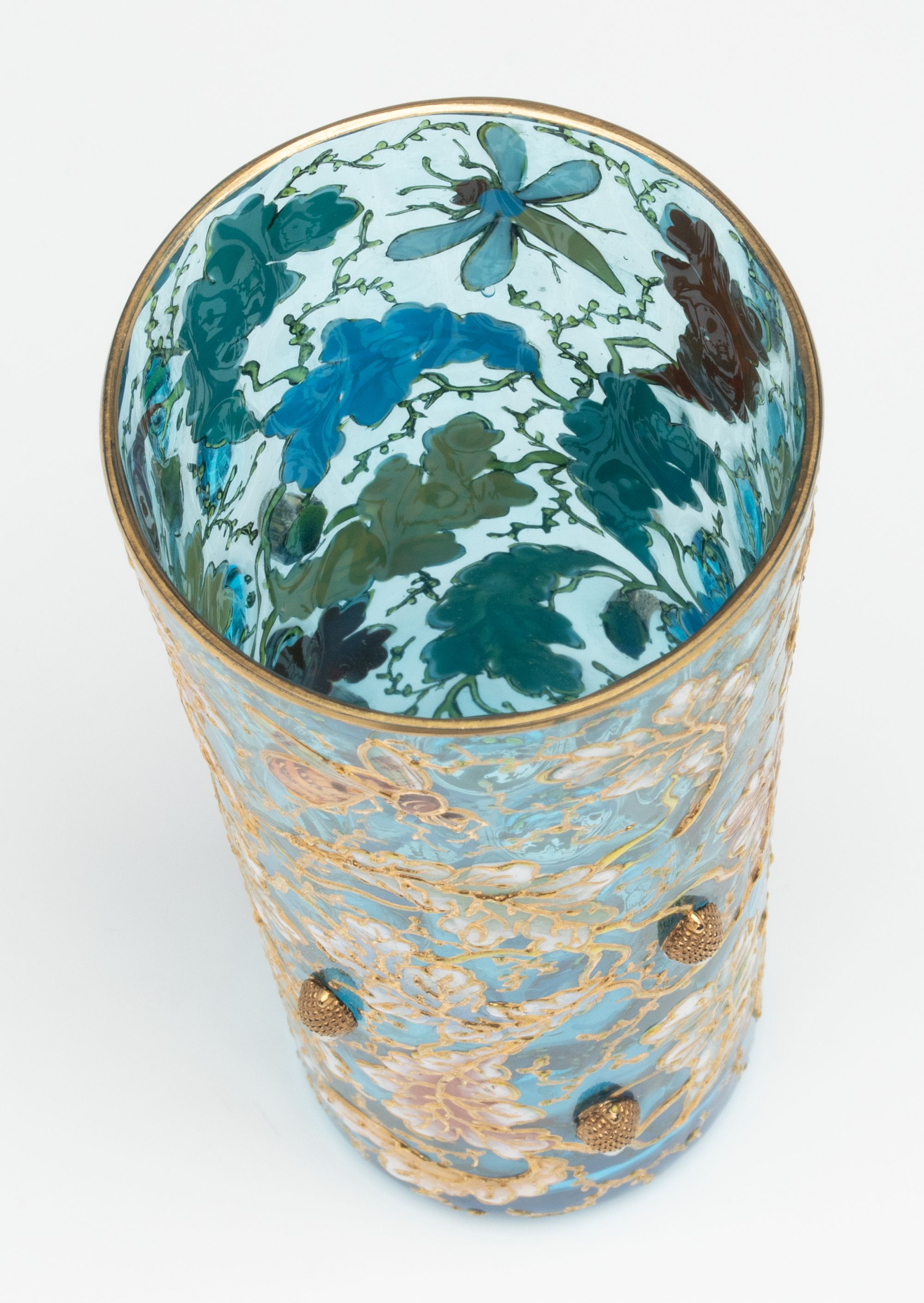 A MOSER GILT AND ENAMEL BLUE CRYSTAL TUMBLER W/ ACORNS