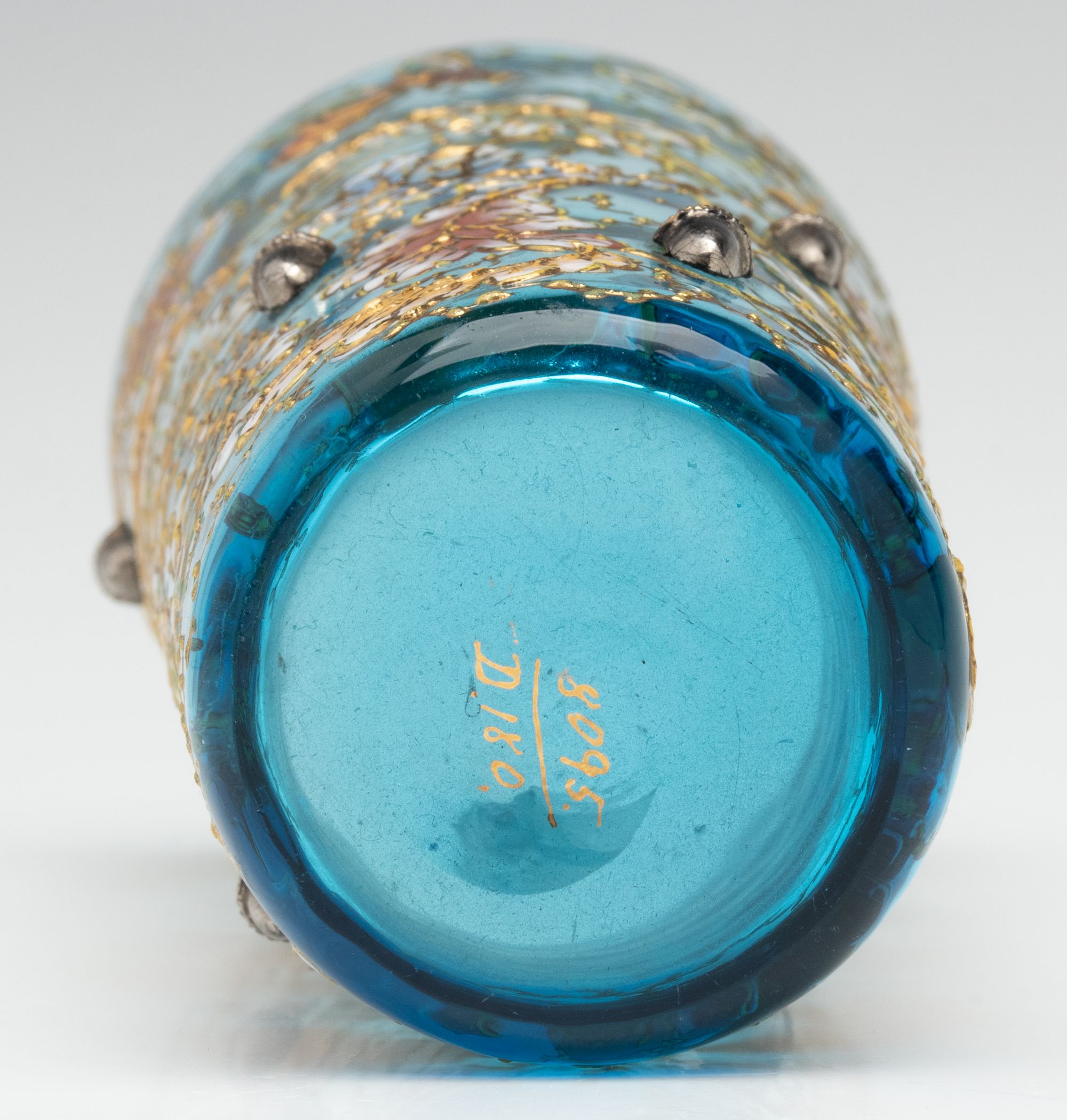 A MOSER GILT AND ENAMEL BLUE CRYSTAL TUMBLER W/ ACORNS