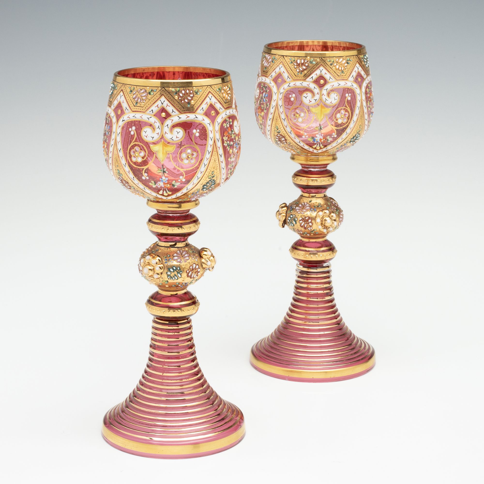 TWO LAVISHLY DECORATED MOSER GOBLETS WITH APPLICATIONS