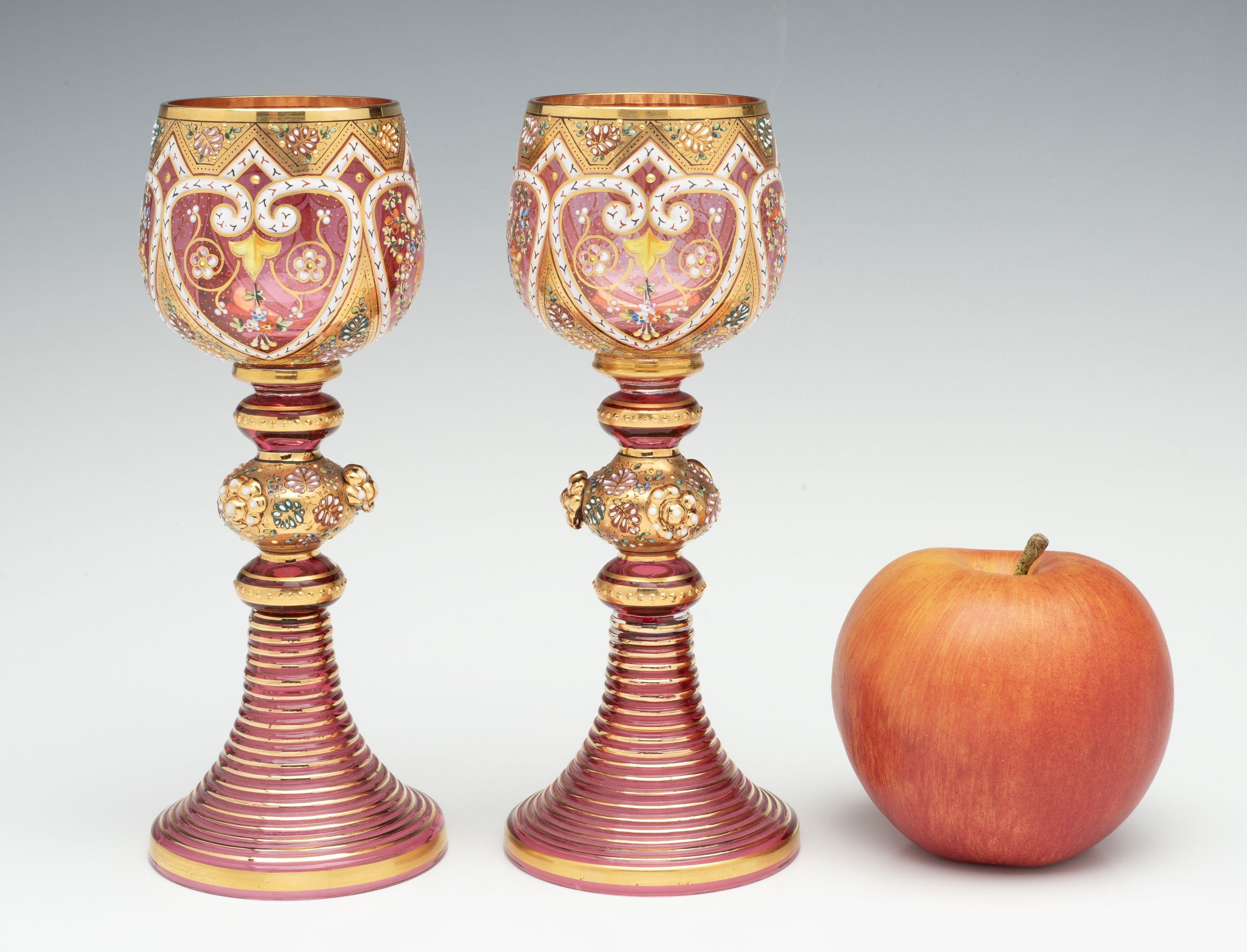 TWO LAVISHLY DECORATED MOSER GOBLETS WITH APPLICATIONS