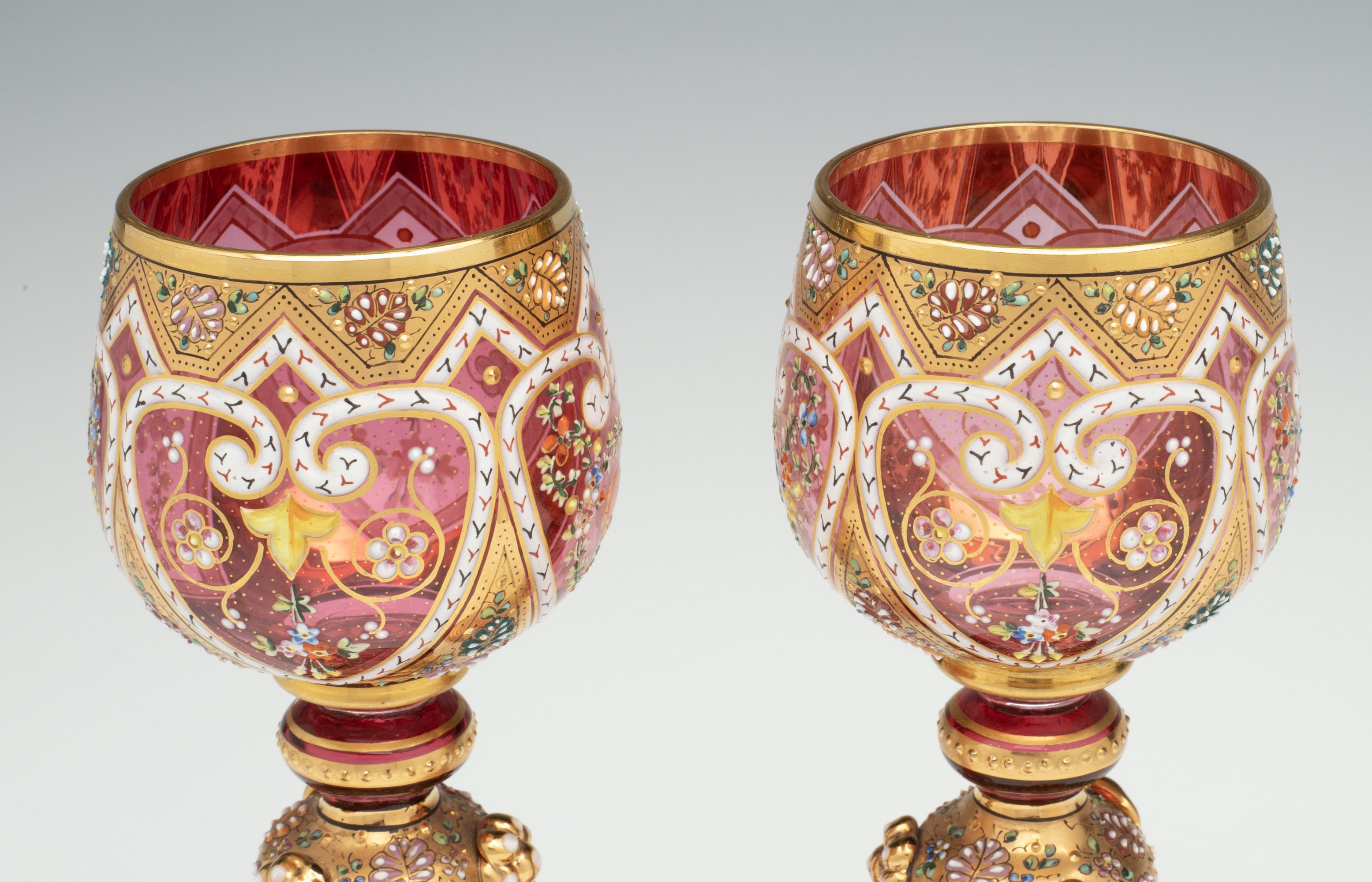 TWO LAVISHLY DECORATED MOSER GOBLETS WITH APPLICATIONS