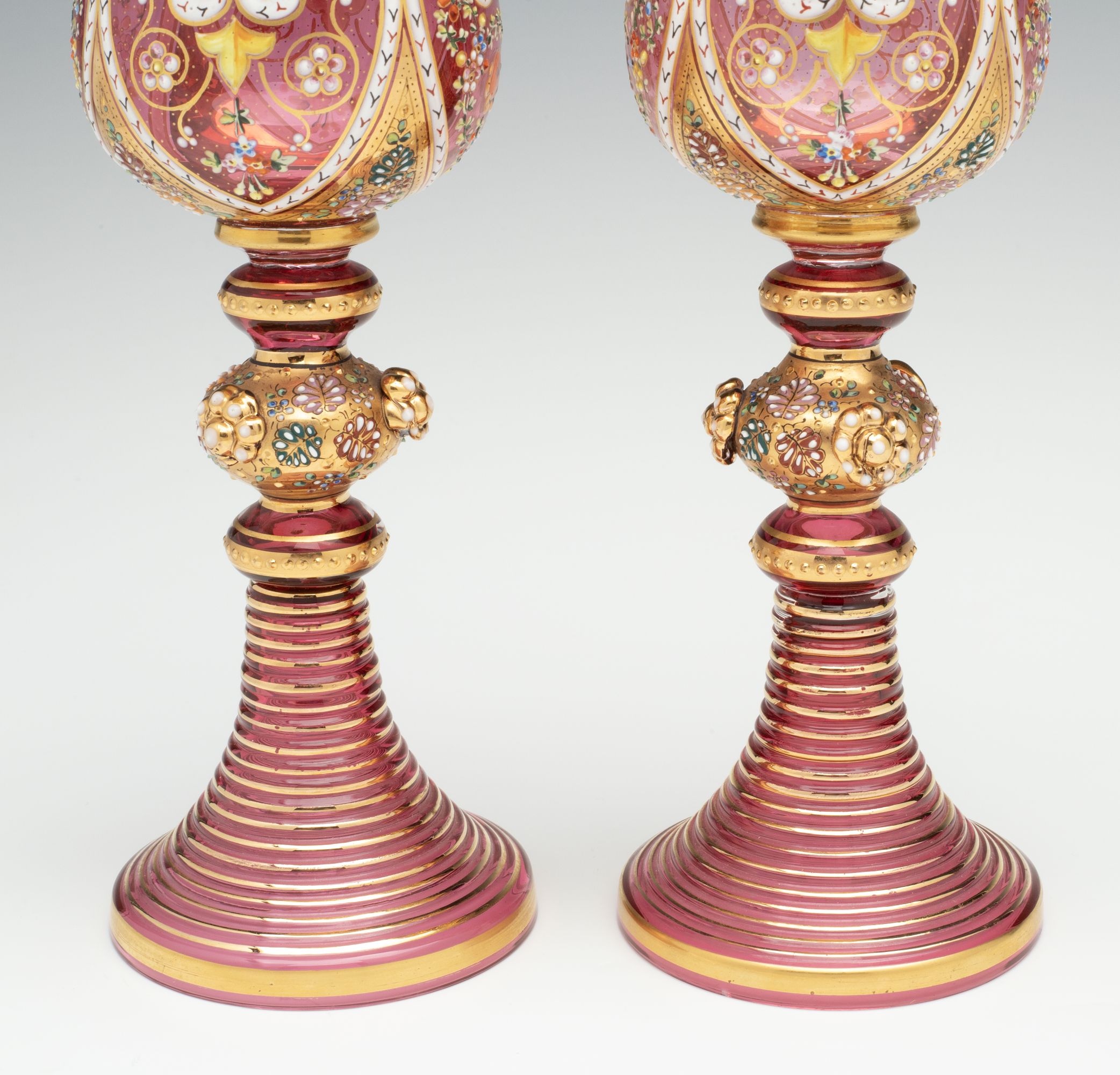 TWO LAVISHLY DECORATED MOSER GOBLETS WITH APPLICATIONS