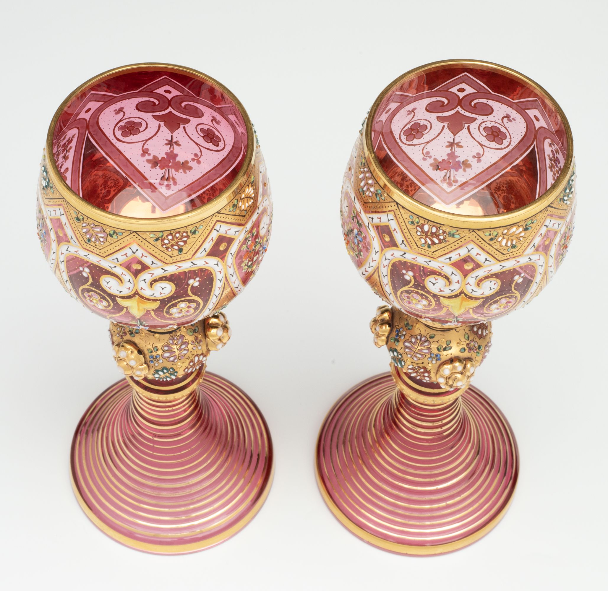 TWO LAVISHLY DECORATED MOSER GOBLETS WITH APPLICATIONS