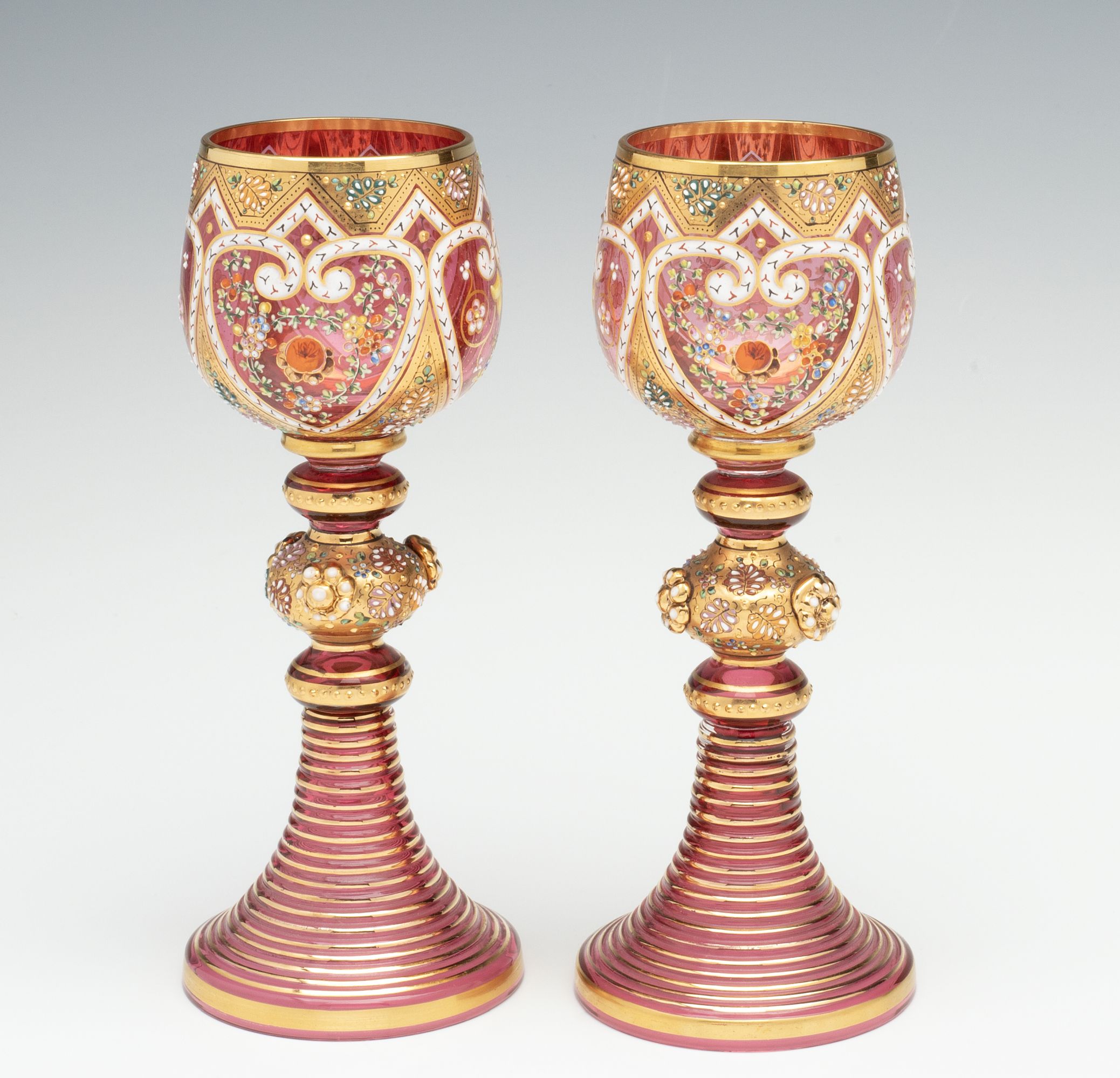 TWO LAVISHLY DECORATED MOSER GOBLETS WITH APPLICATIONS