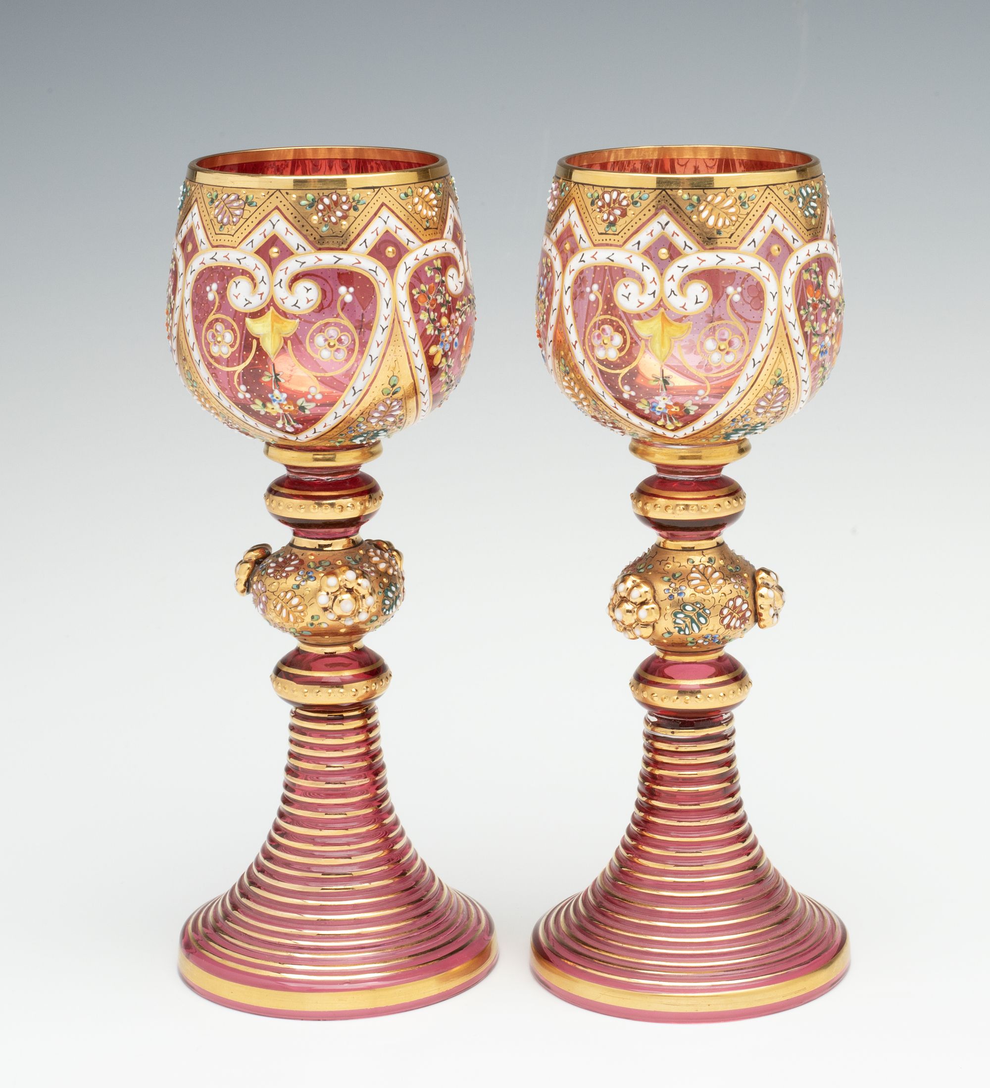 TWO LAVISHLY DECORATED MOSER GOBLETS WITH APPLICATIONS