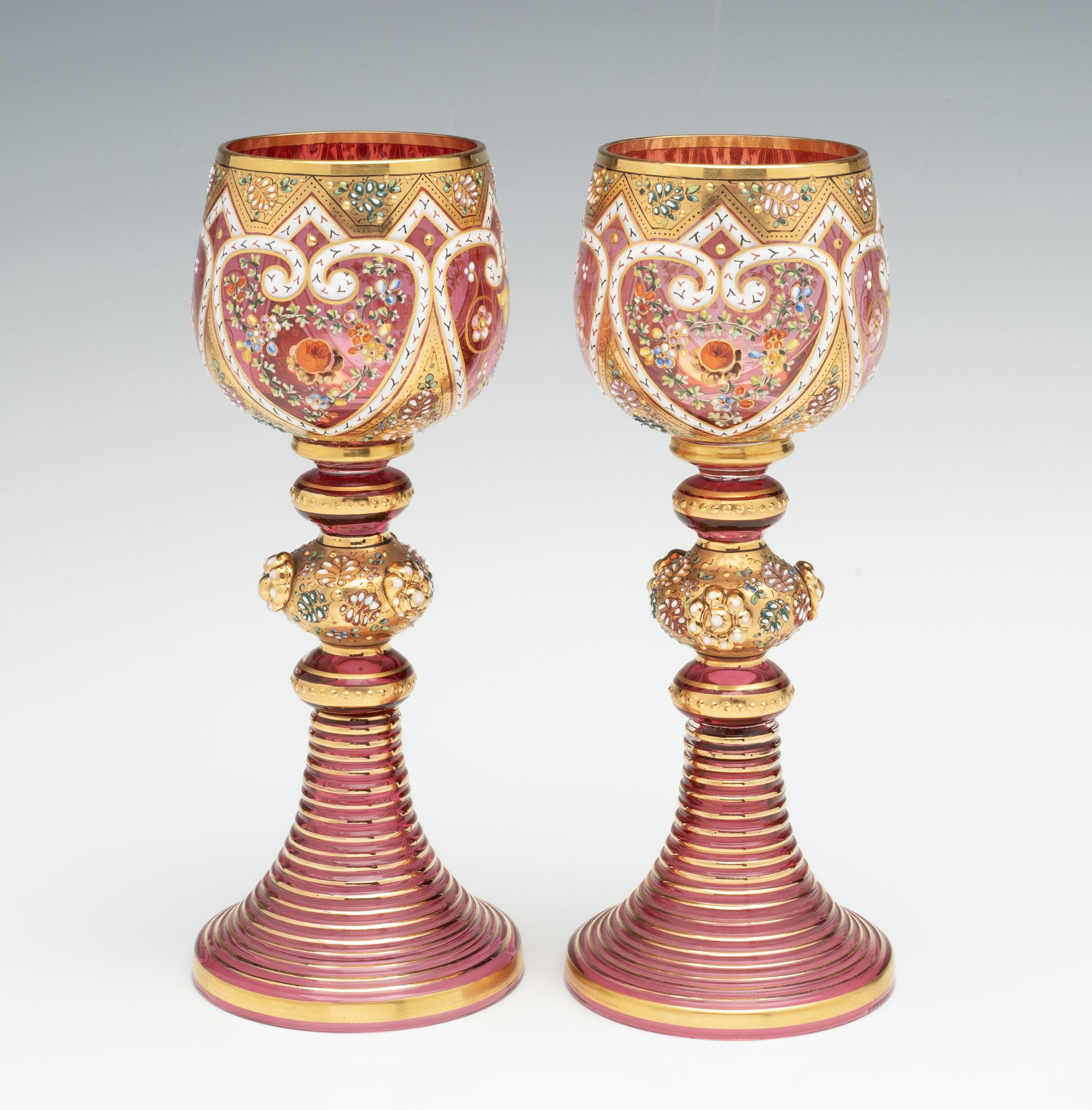 TWO LAVISHLY DECORATED MOSER GOBLETS WITH APPLICATIONS