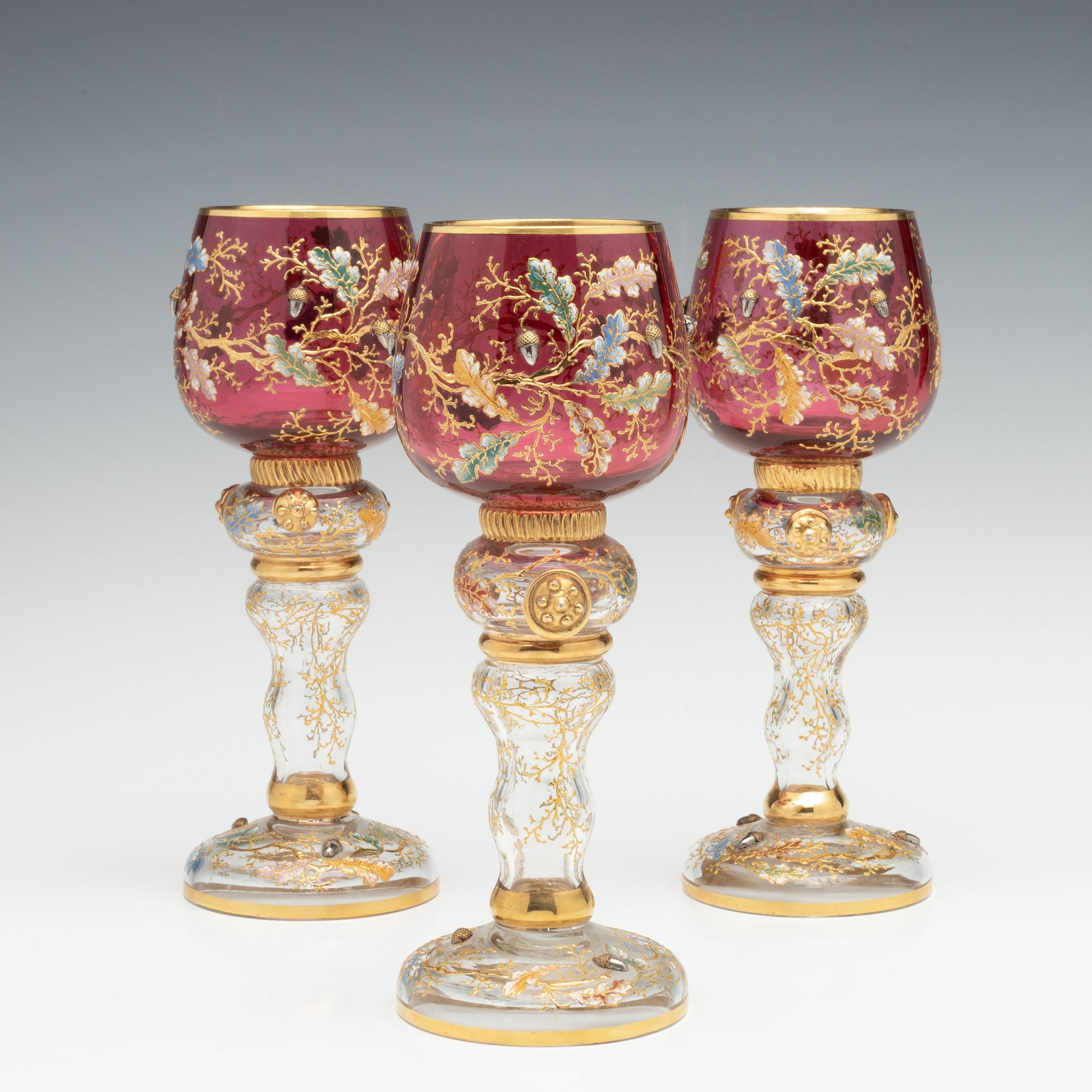 LARGE MOSER GILT AND ENAMEL WINE GOBLETS WITH ACORNS