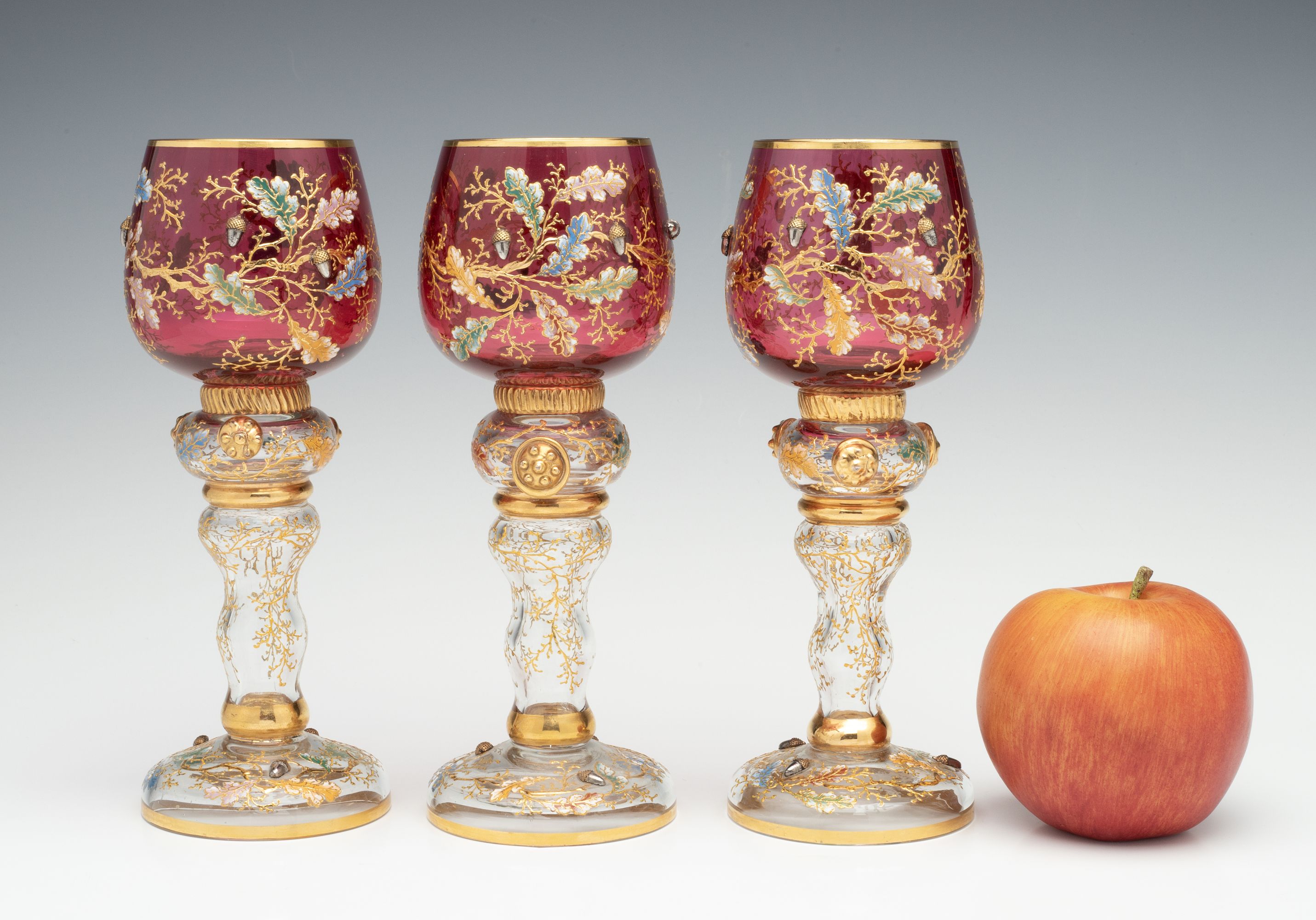 LARGE MOSER GILT AND ENAMEL WINE GOBLETS WITH ACORNS