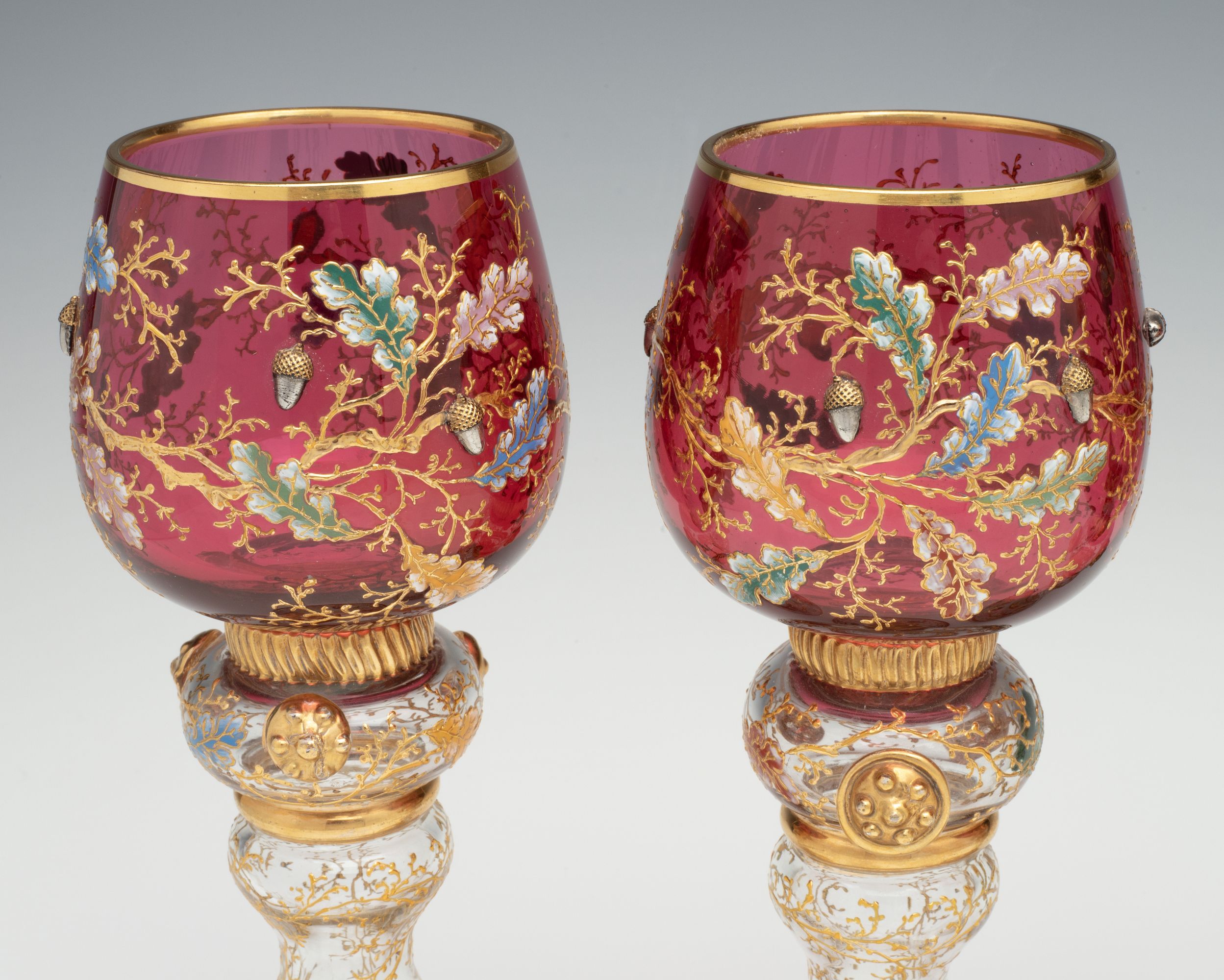 LARGE MOSER GILT AND ENAMEL WINE GOBLETS WITH ACORNS