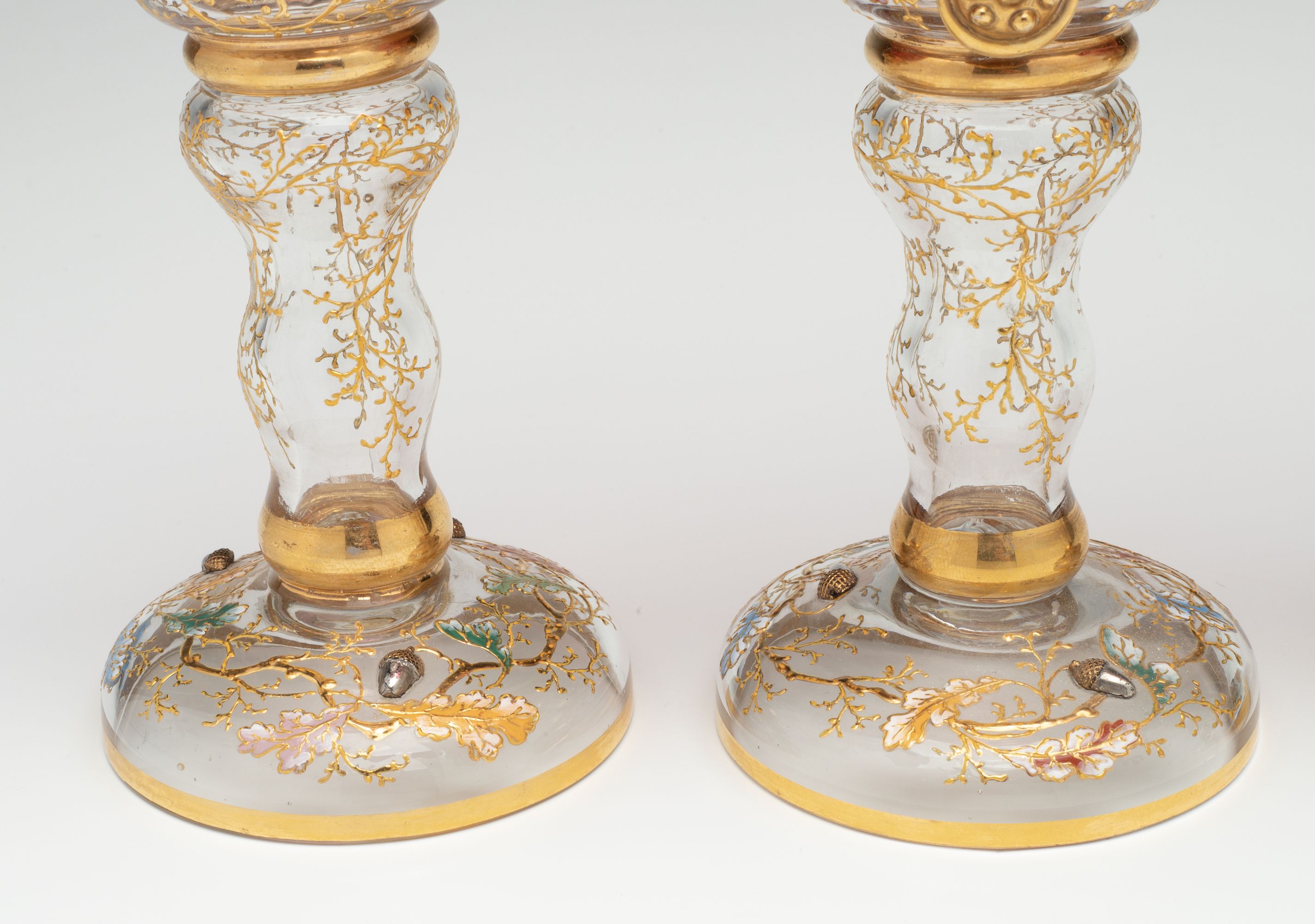 LARGE MOSER GILT AND ENAMEL WINE GOBLETS WITH ACORNS