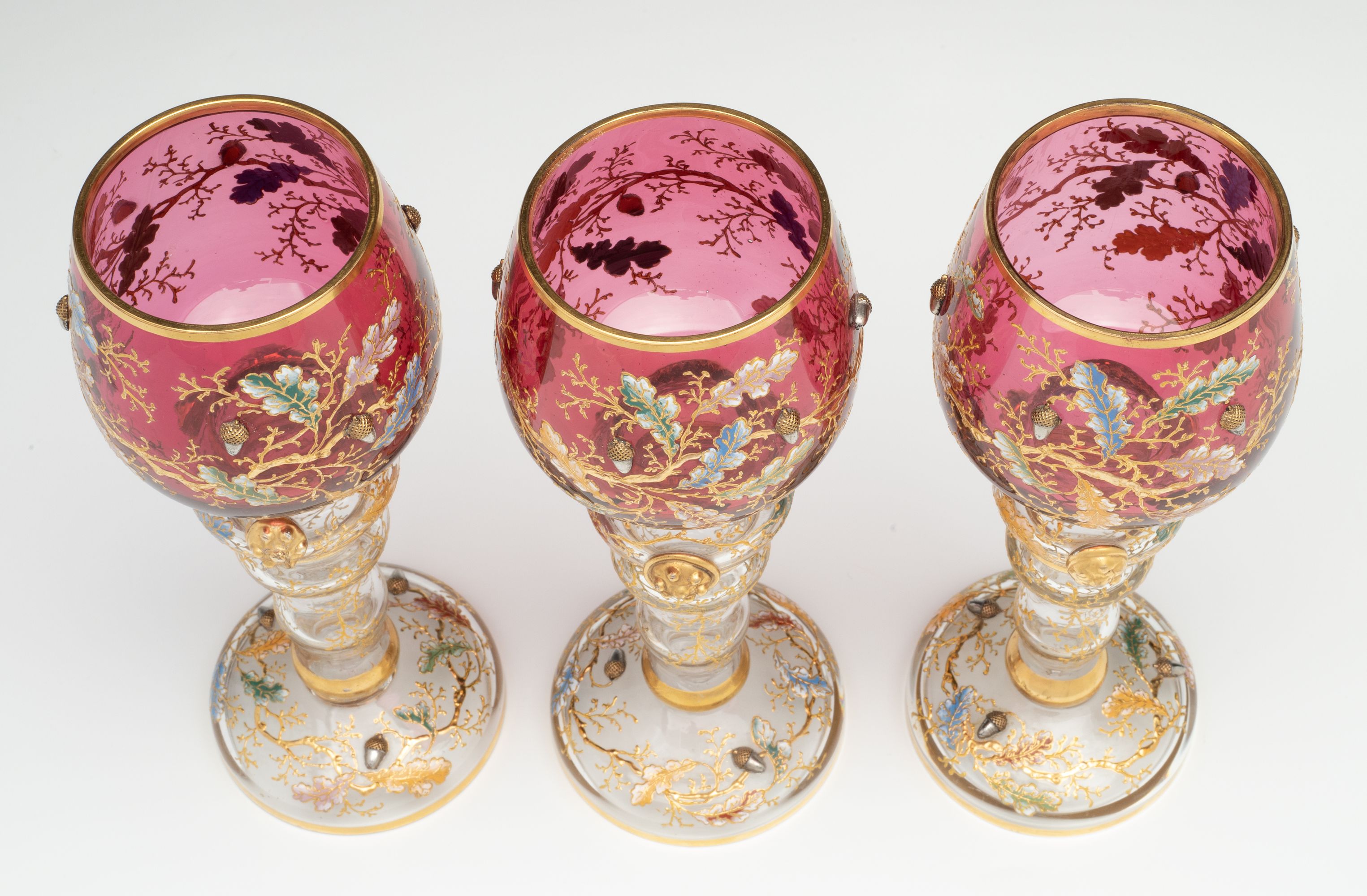 LARGE MOSER GILT AND ENAMEL WINE GOBLETS WITH ACORNS