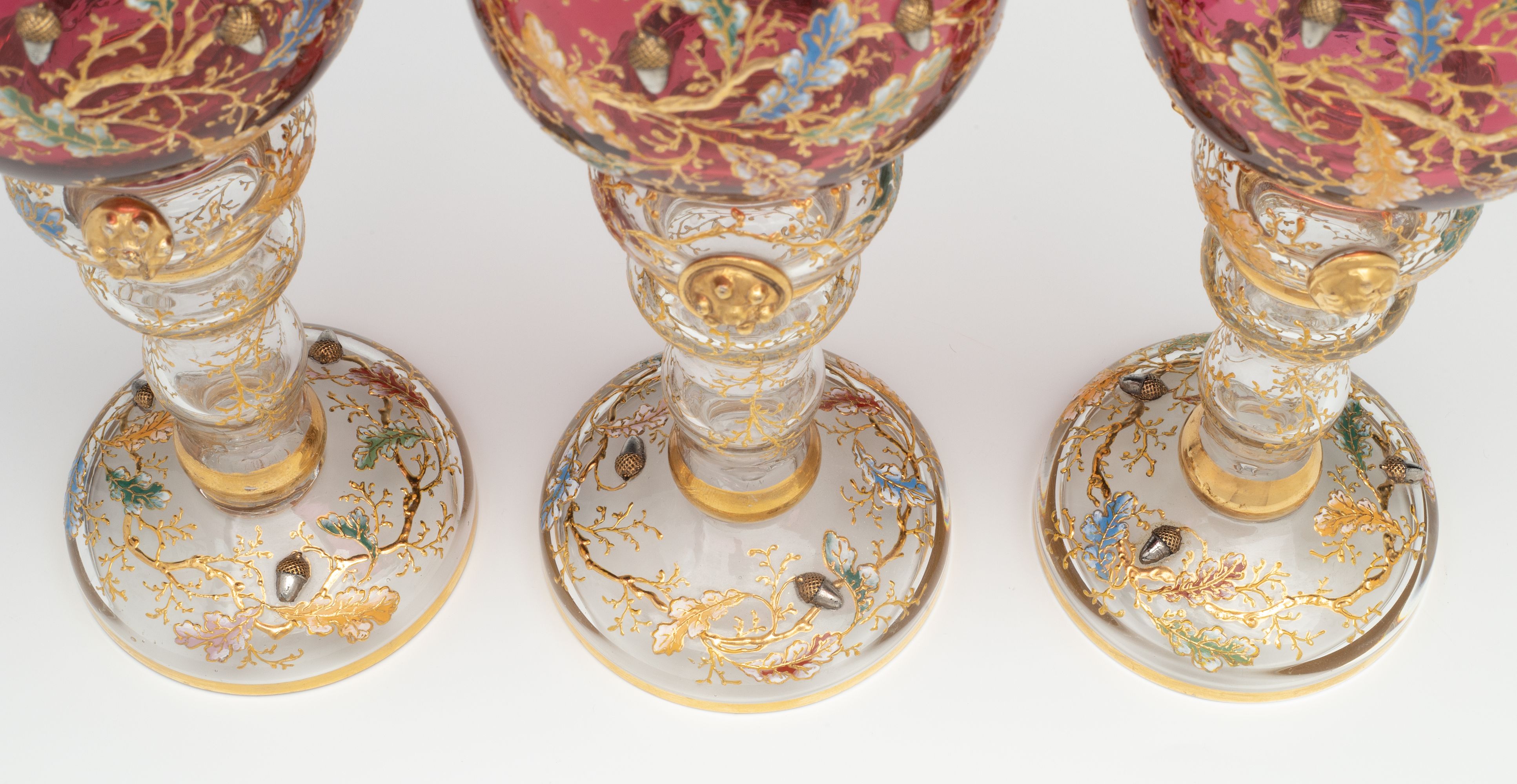 LARGE MOSER GILT AND ENAMEL WINE GOBLETS WITH ACORNS