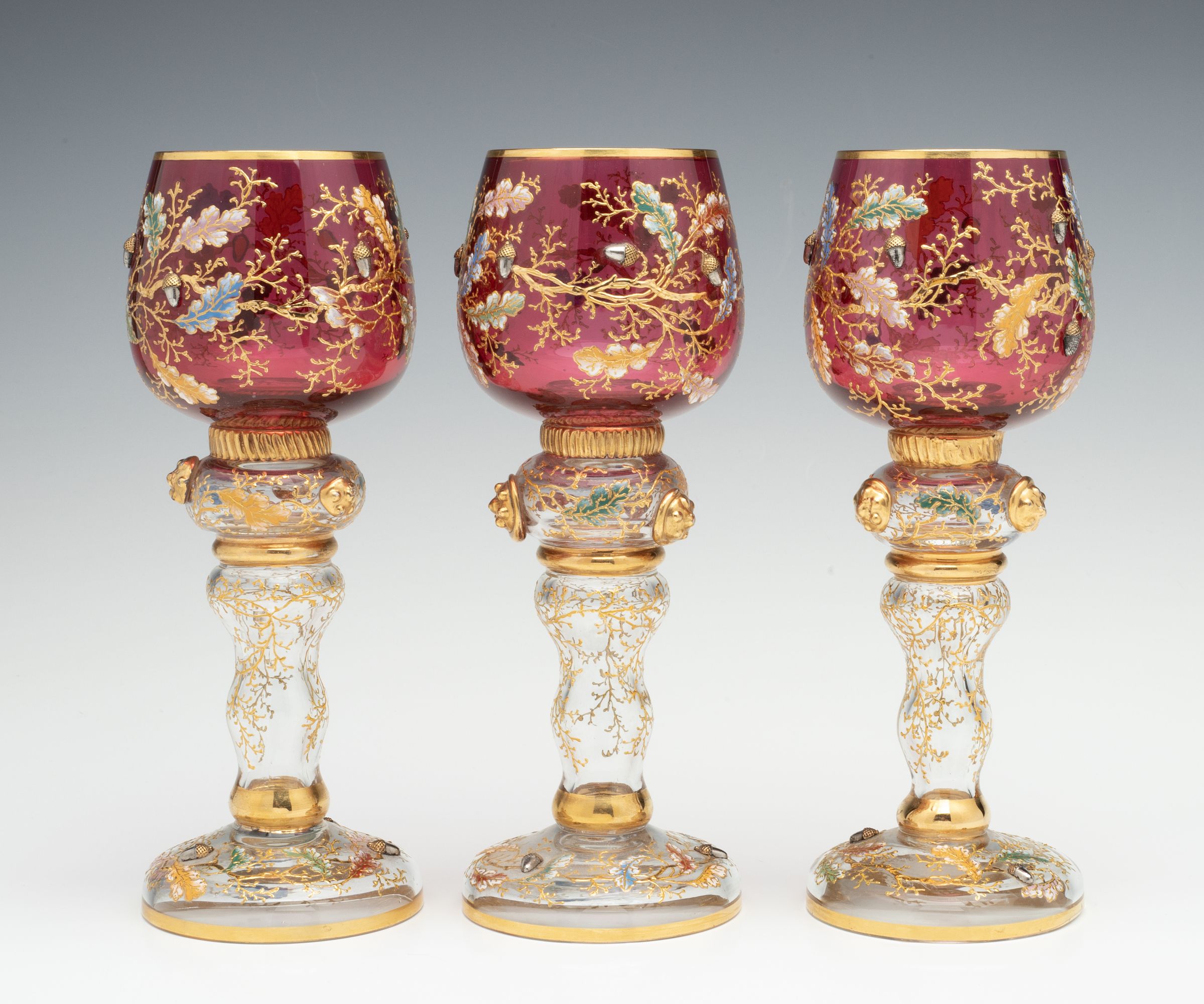 LARGE MOSER GILT AND ENAMEL WINE GOBLETS WITH ACORNS