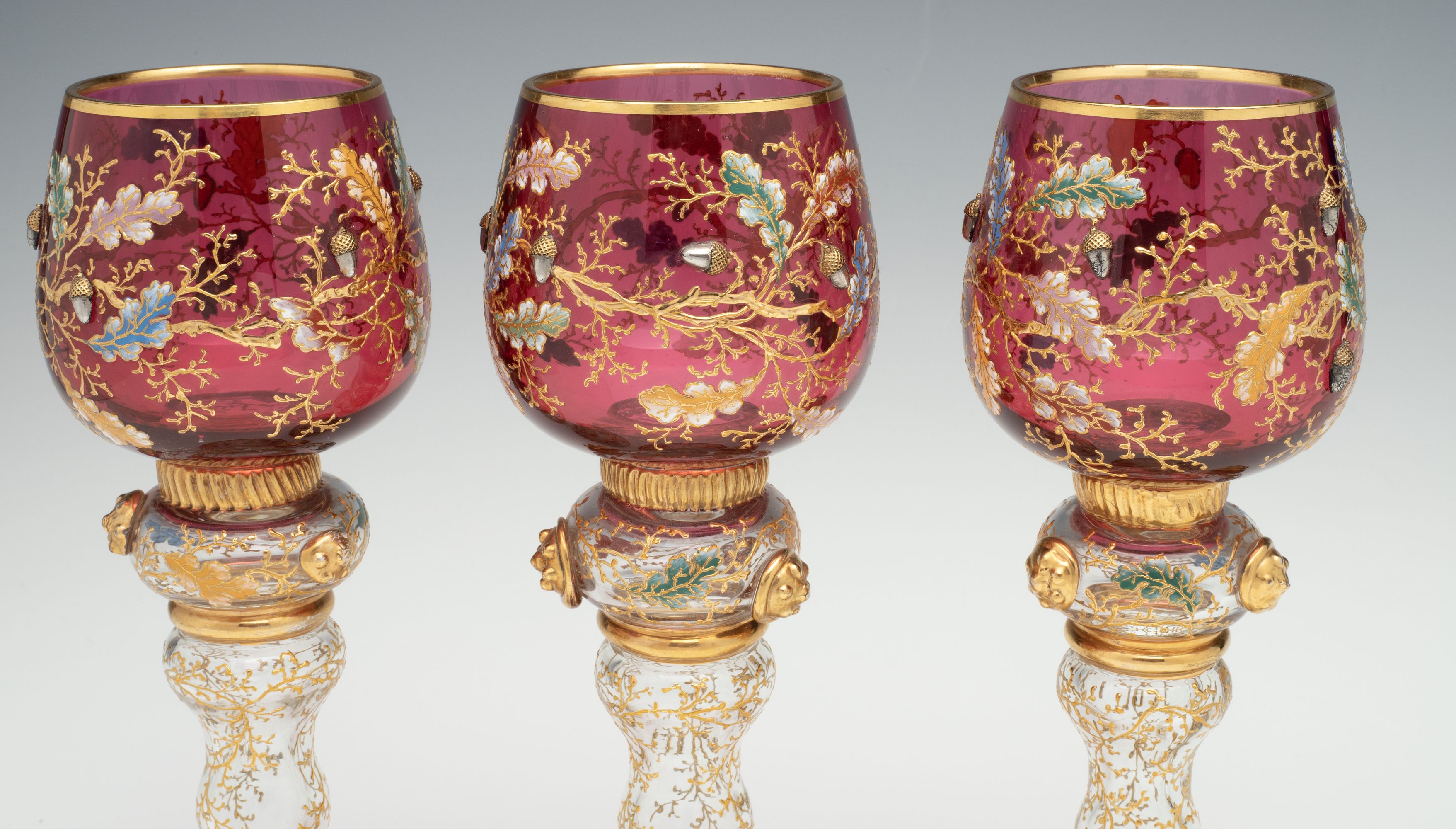 LARGE MOSER GILT AND ENAMEL WINE GOBLETS WITH ACORNS