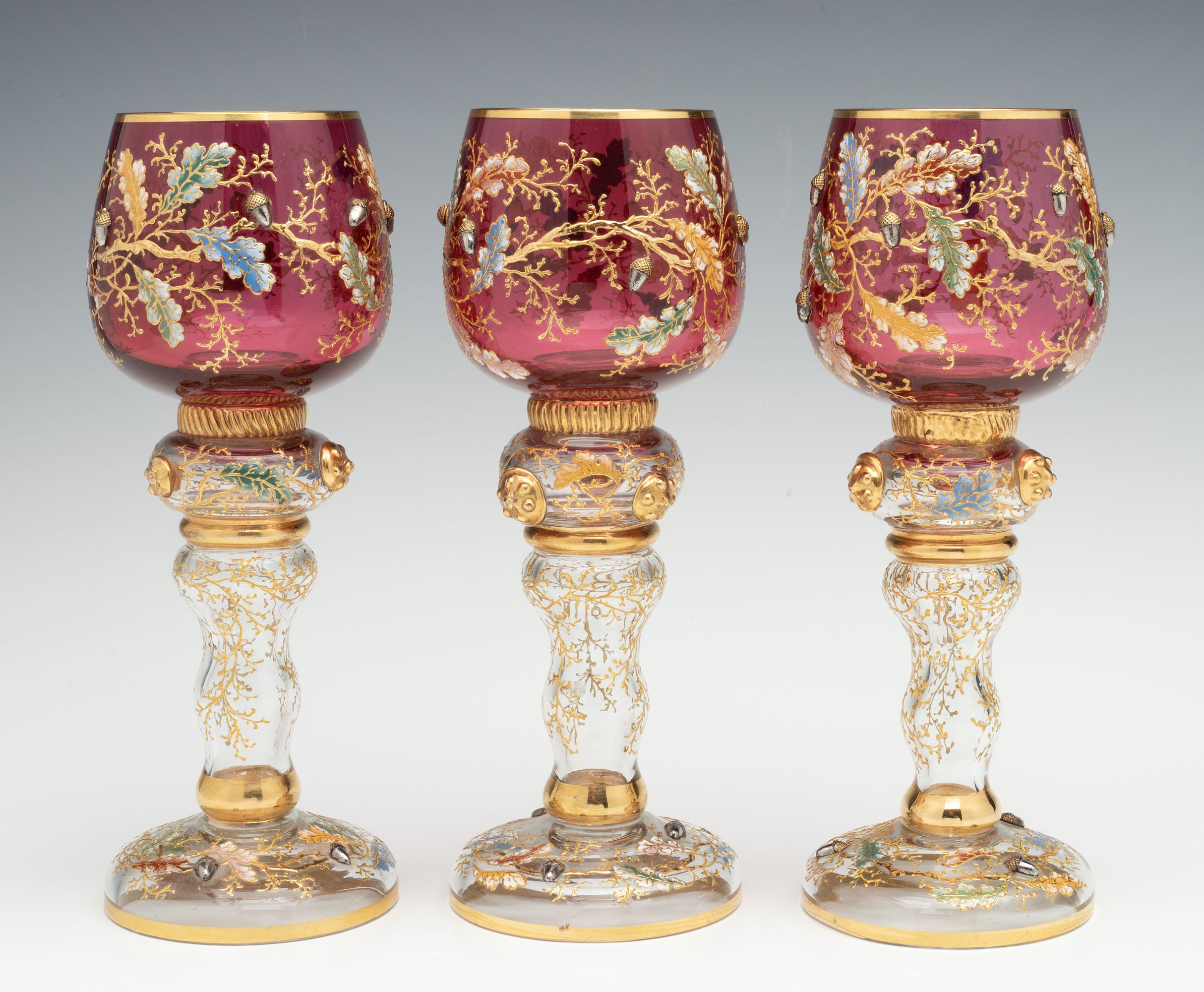 LARGE MOSER GILT AND ENAMEL WINE GOBLETS WITH ACORNS